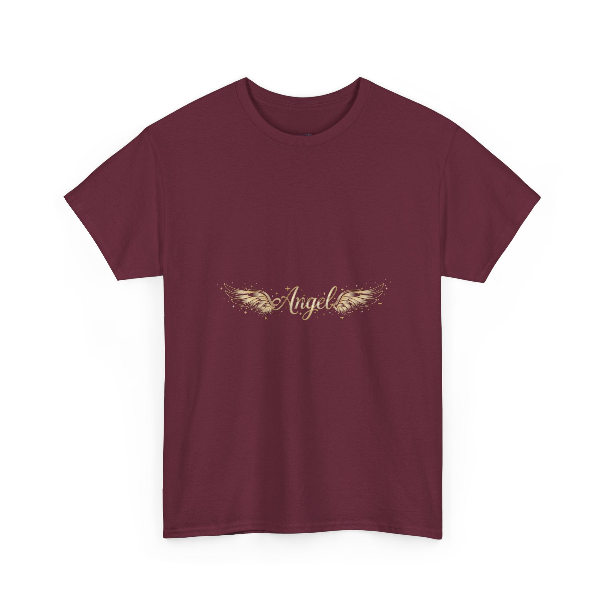 Angel Wings Graphic Tee | Distressed Gold Script "Angel" Chest Print | Women's DTG T-Shirt