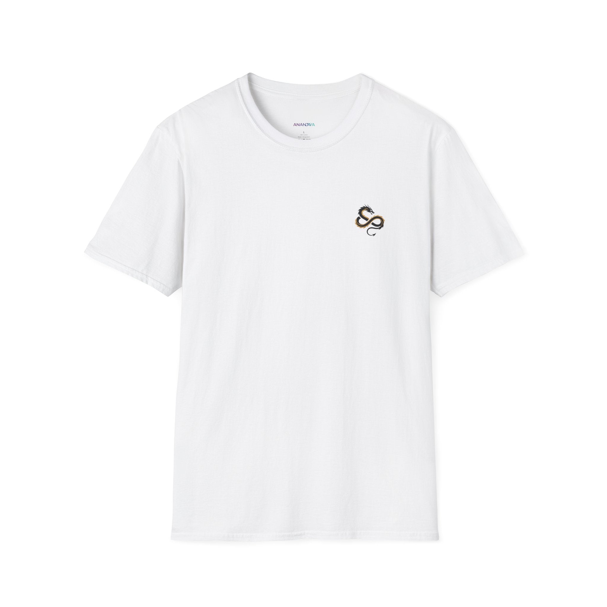 Men's Graphic Tee — Black Ink Asian Dragon Illustration with Chest Emblem