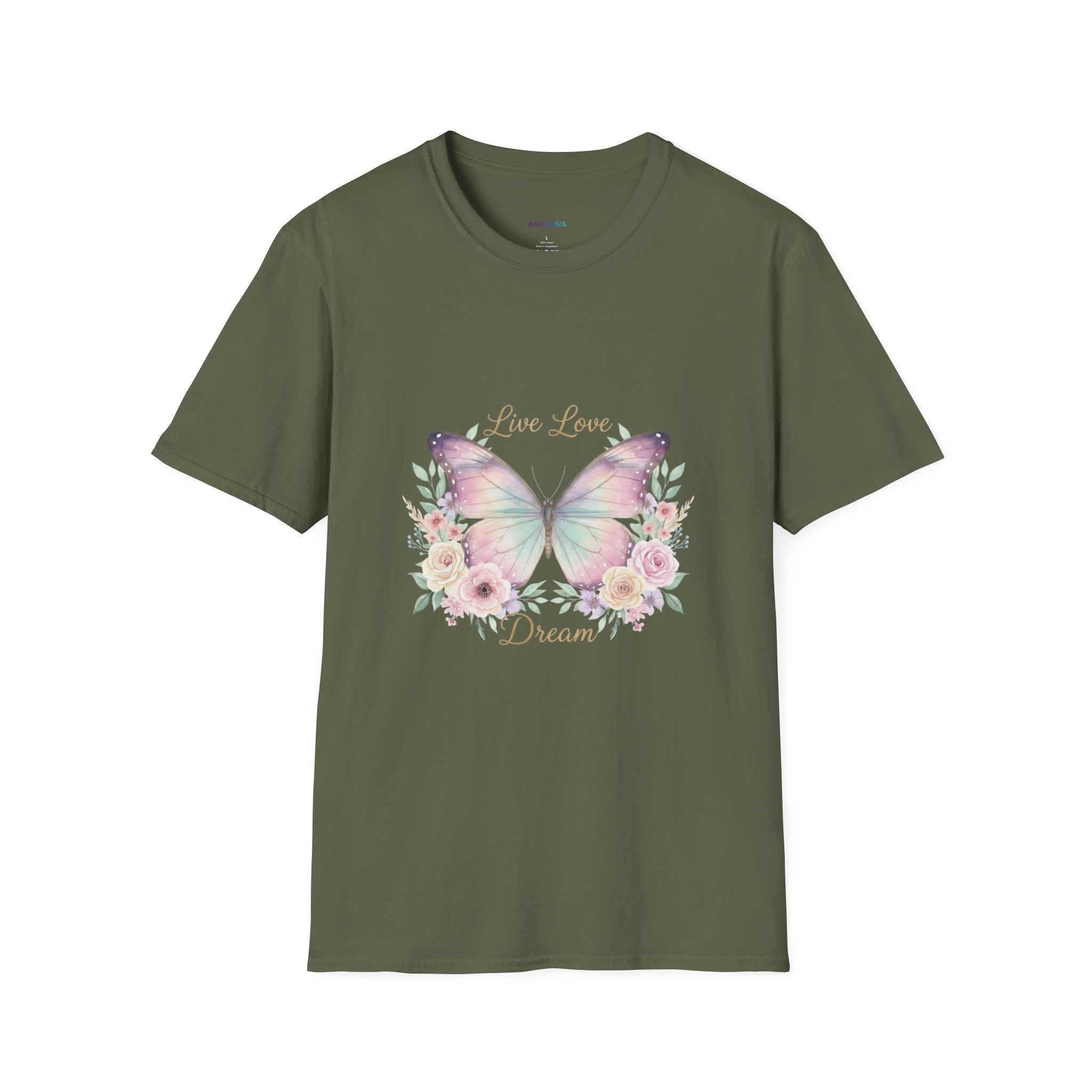 Butterfly Floral Women's T-Shirt — "Live, Love, Dream" Graphic Tee | DTG Print