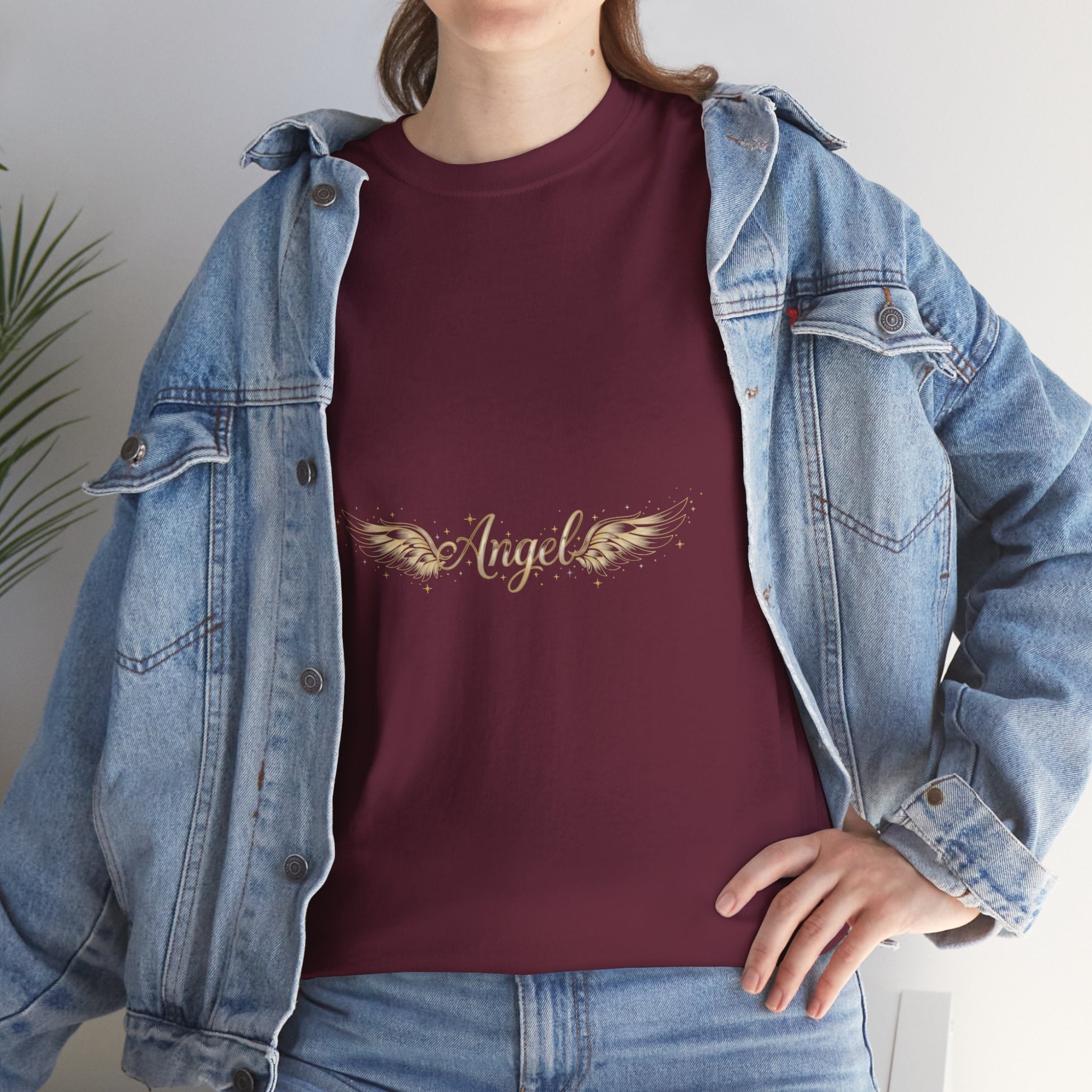 Angel Wings Graphic Tee | Distressed Gold Script "Angel" Chest Print | Women's DTG T-Shirt