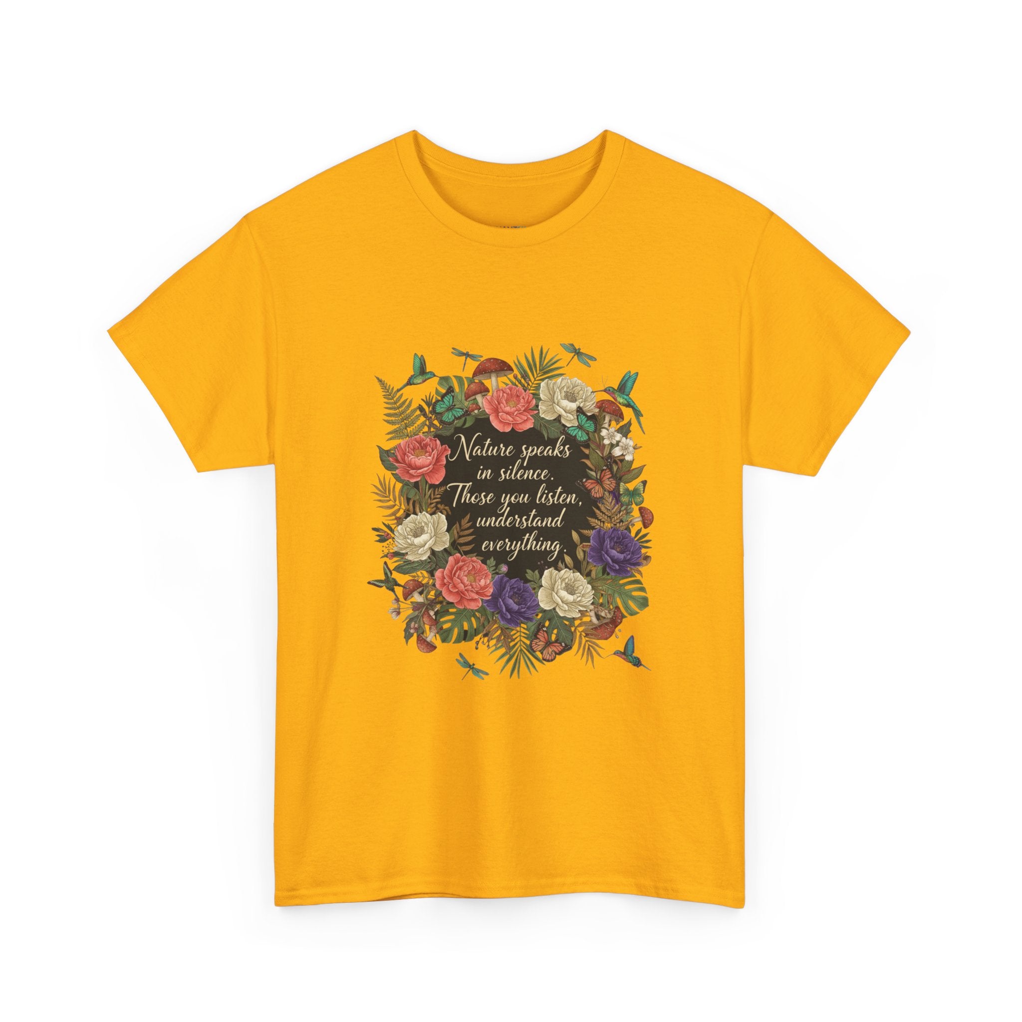 'Nature Speaks in Silence' Floral Wreath Women's T-Shirt | DTG-Printed Vintage Botanical Tee