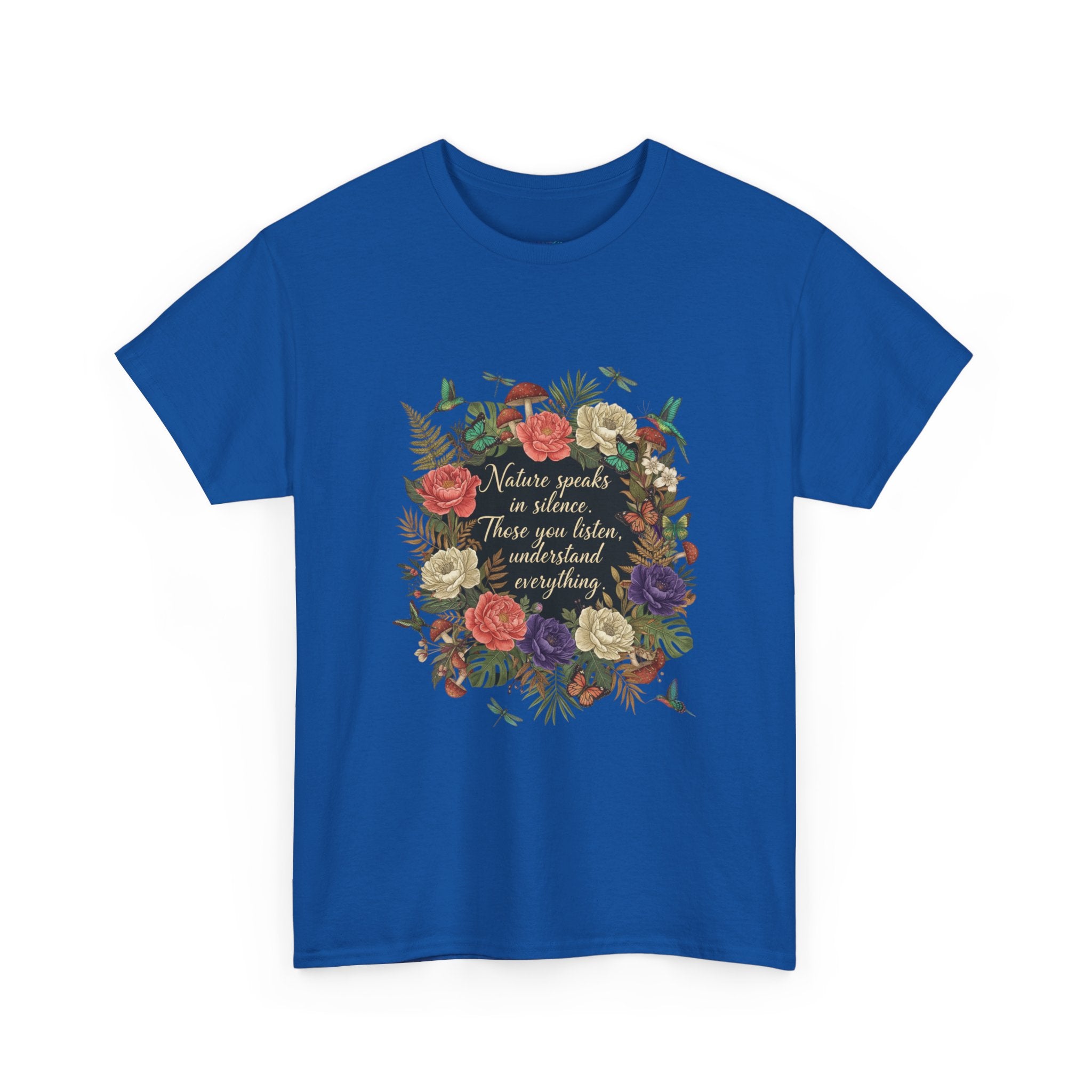 'Nature Speaks in Silence' Floral Wreath Women's T-Shirt | DTG-Printed Vintage Botanical Tee