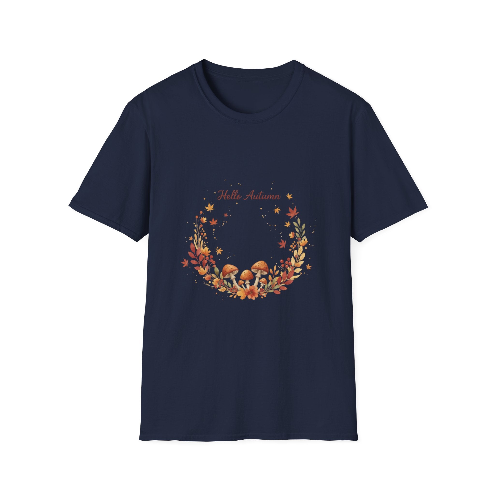 'Hello Autumn' Mushroom & Leaf Wreath T-Shirt — Cozy Fall Graphic Tee