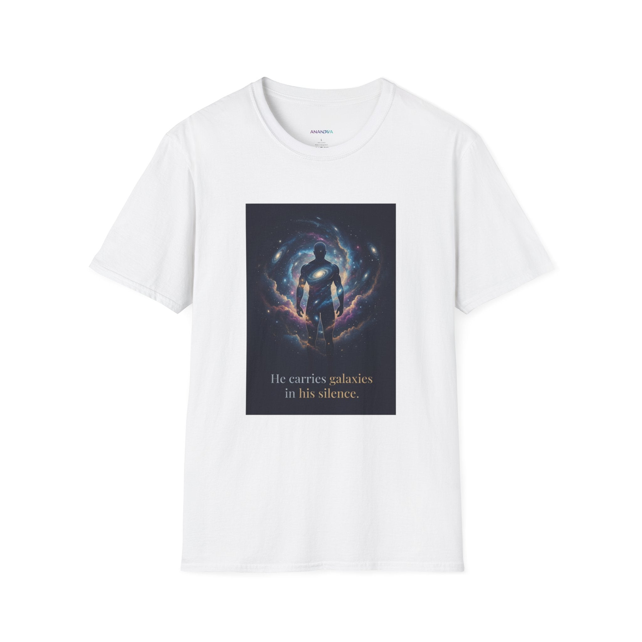 Men's Graphic Tee — Galaxy Silhouette "He Carries Galaxies in His Silence" Cosmic Space Print