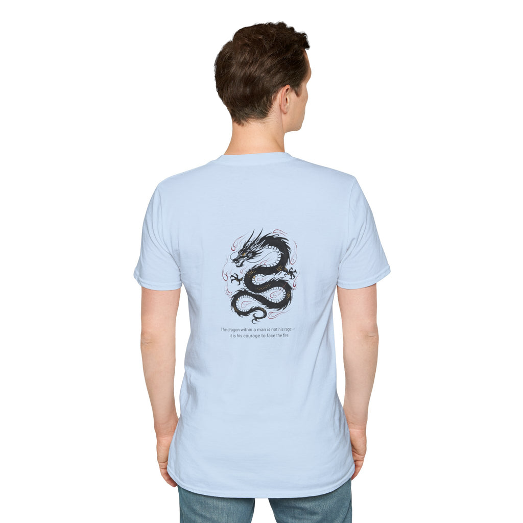 Men's Graphic Tee — Black Ink Asian Dragon Illustration with Chest Emblem