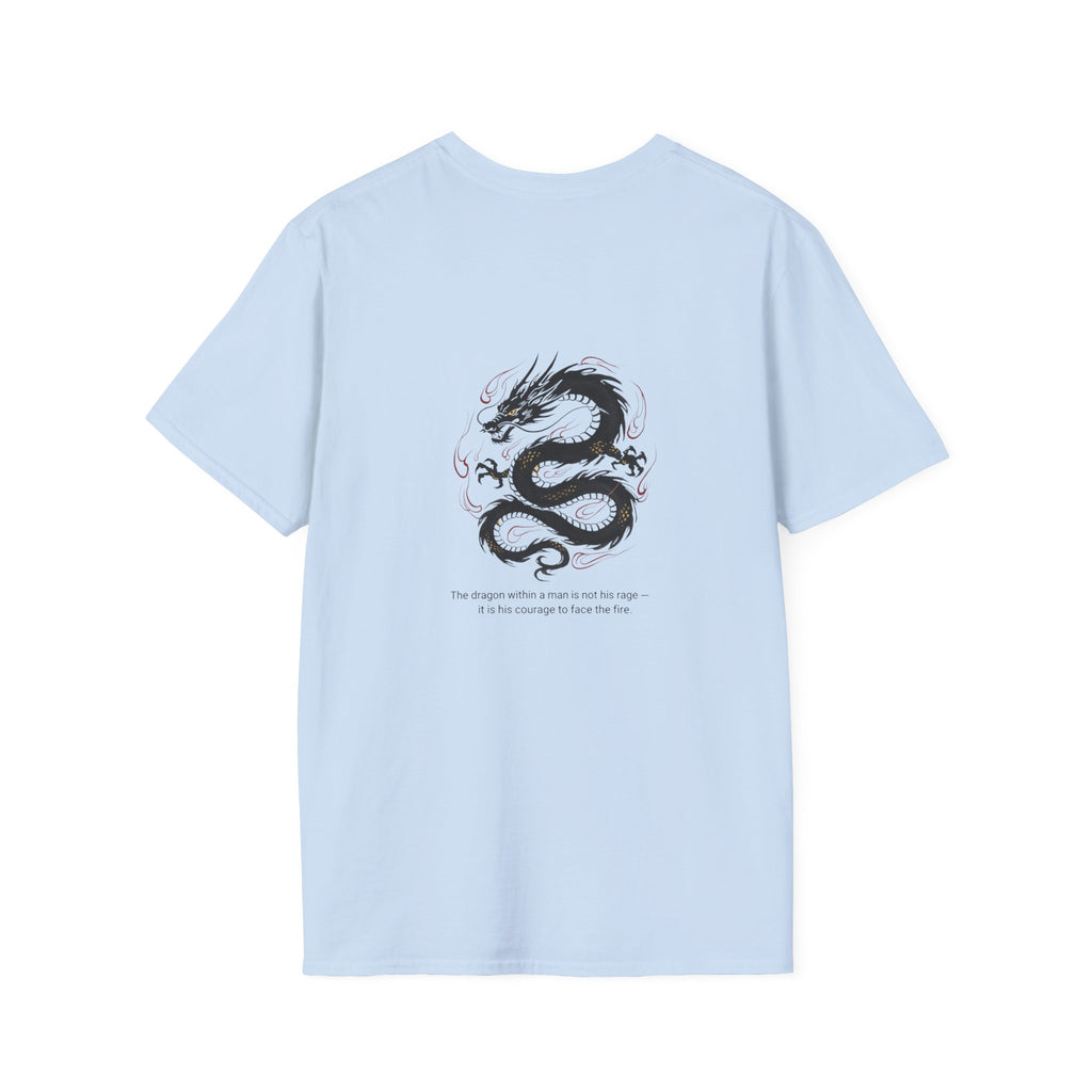 Men's Graphic Tee — Black Ink Asian Dragon Illustration with Chest Emblem