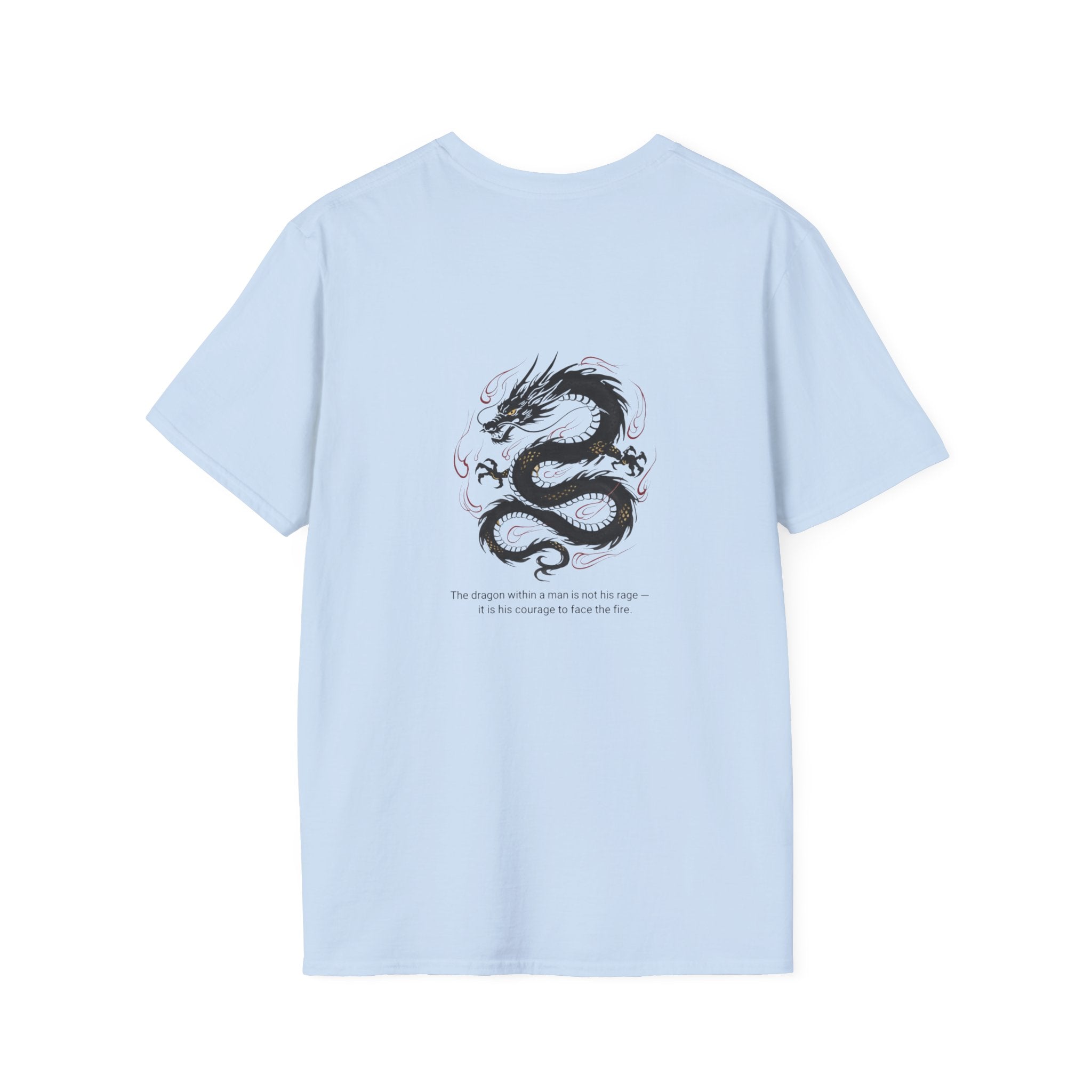 Men's Graphic Tee — Black Ink Asian Dragon Illustration with Chest Emblem