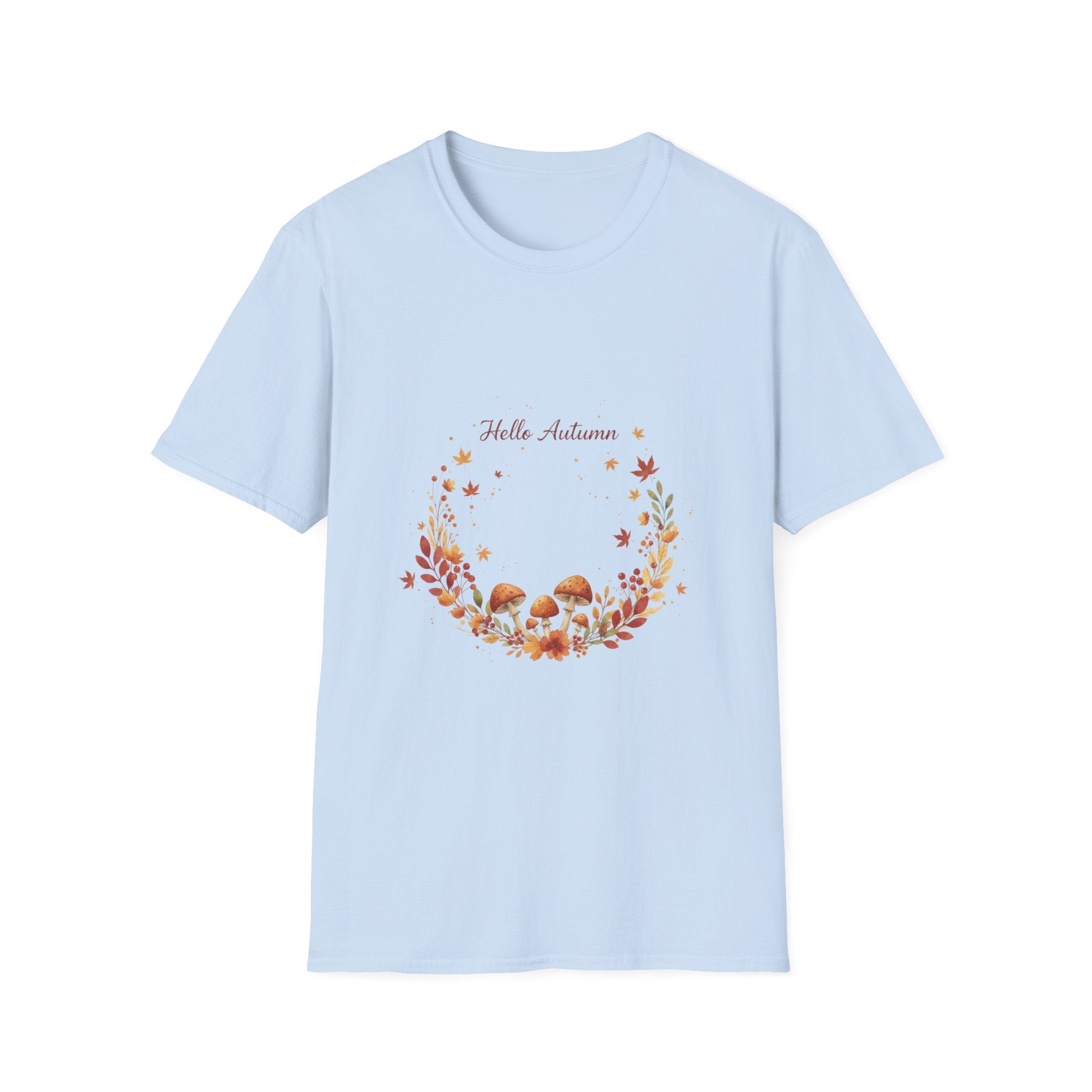 'Hello Autumn' Mushroom & Leaf Wreath T-Shirt — Cozy Fall Graphic Tee