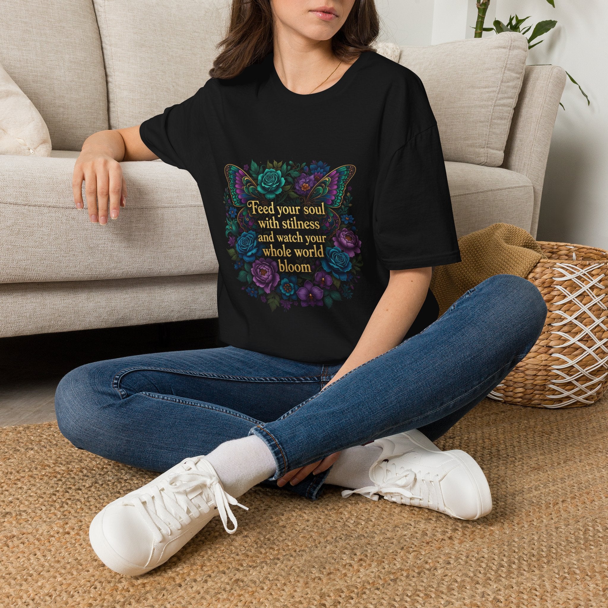 Feed Your Soul with Stillness Women's T-Shirt — Butterfly Floral Graphic Tee