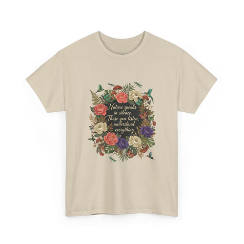 'Nature Speaks in Silence' Floral Wreath Women's T-Shirt | DTG-Printed Vintage Botanical Tee