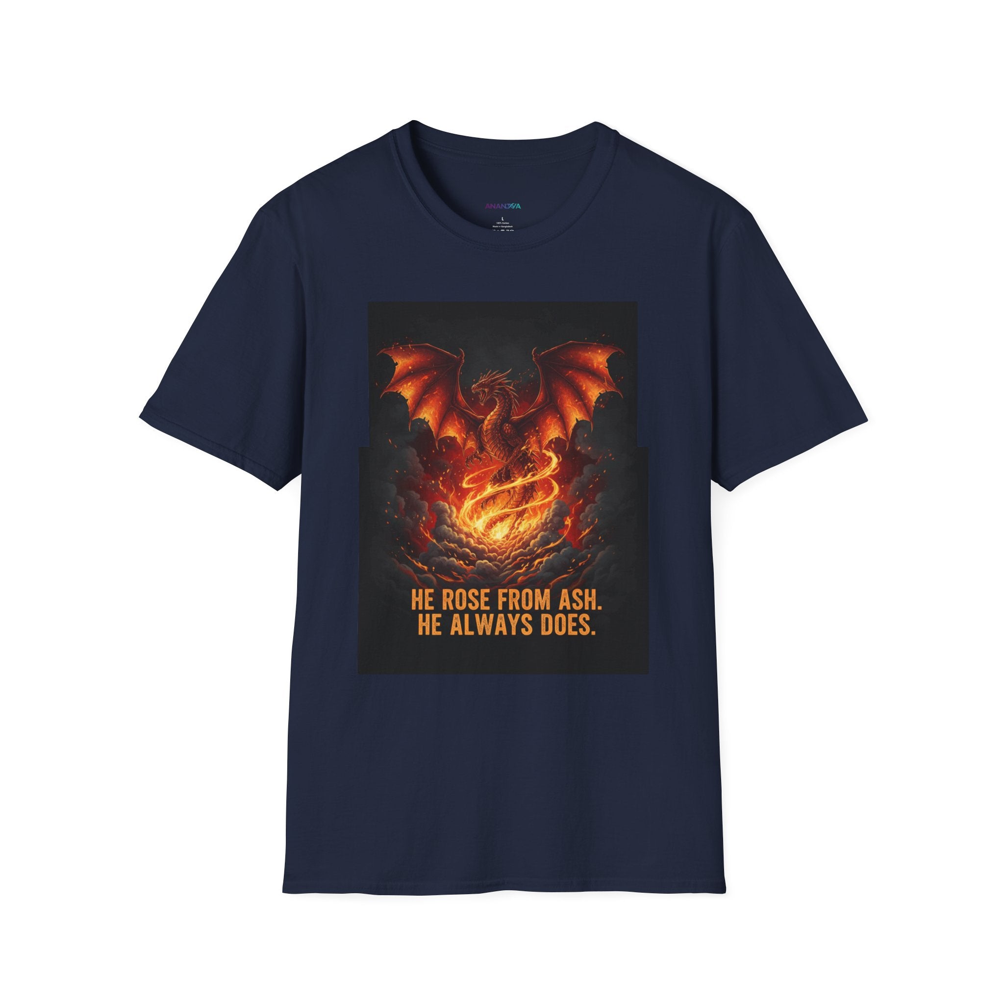 Men's Graphic Tee — Dragon Rising "He Rose From Ash. He Always Does." Fiery Fantasy Print