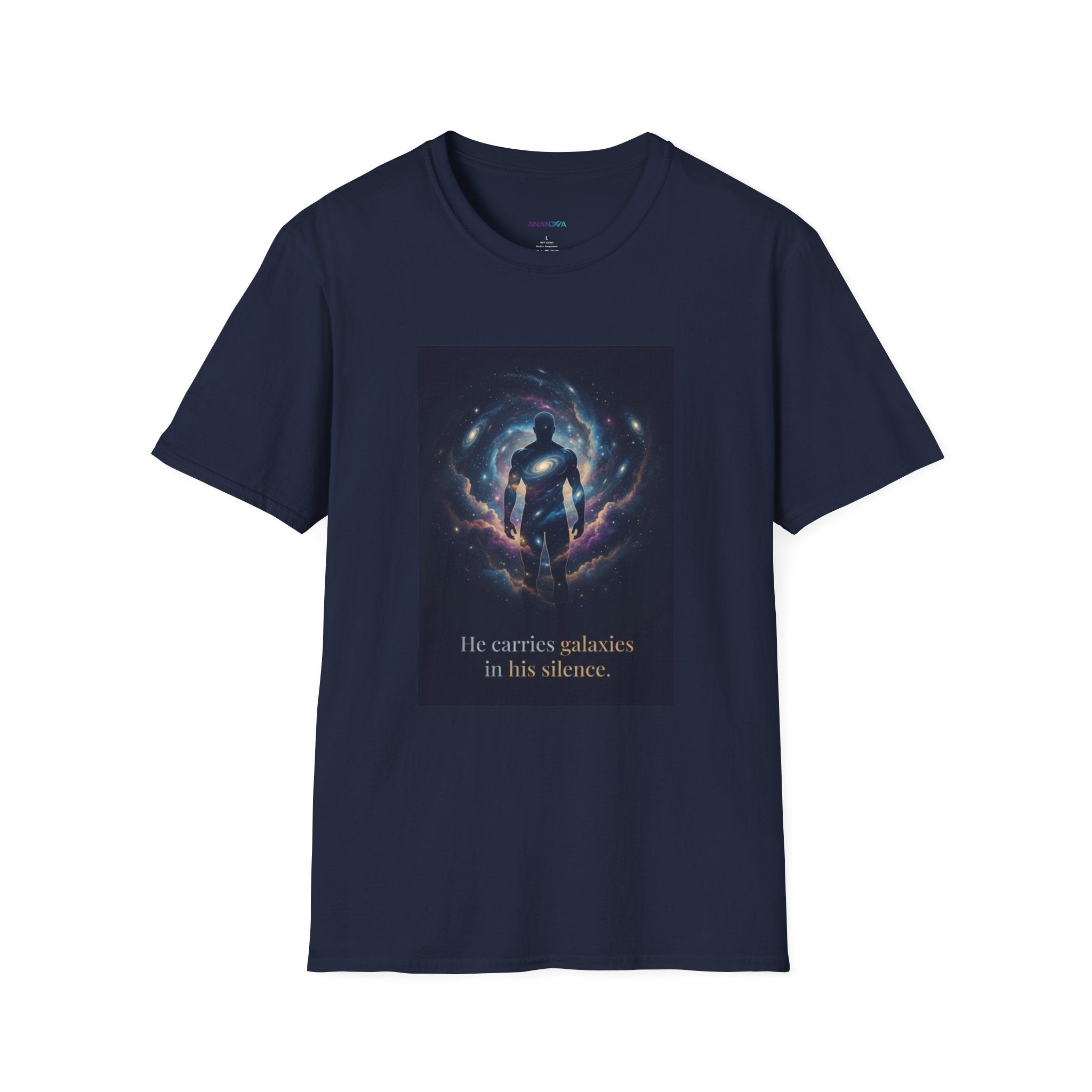 Men's Graphic Tee — Galaxy Silhouette "He Carries Galaxies in His Silence" Cosmic Space Print