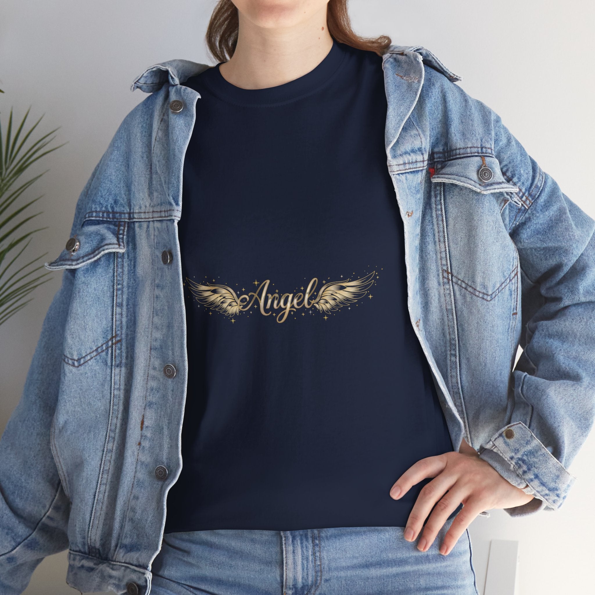 Angel Wings Graphic Tee | Distressed Gold Script "Angel" Chest Print | Women's DTG T-Shirt