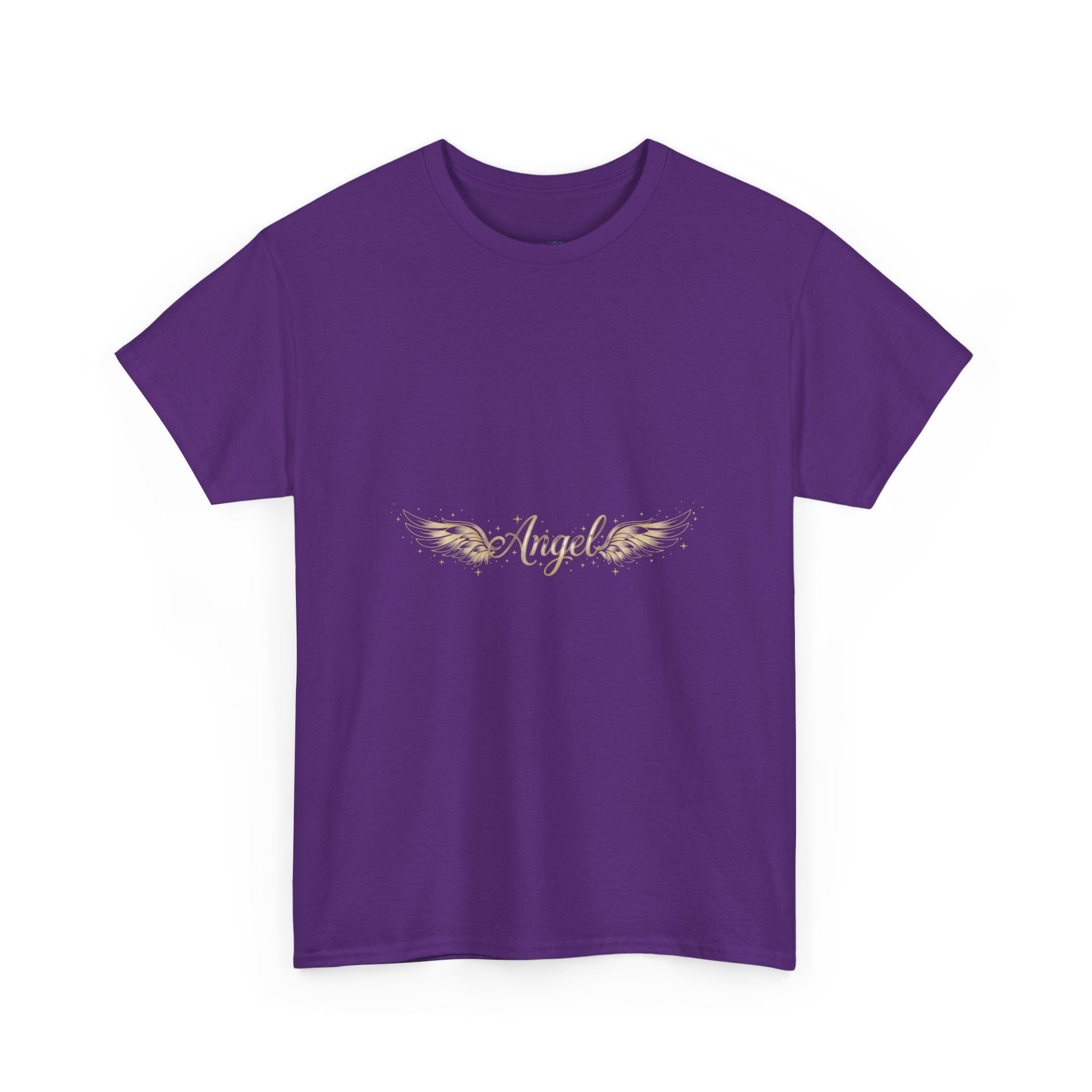 Angel Wings Graphic Tee | Distressed Gold Script "Angel" Chest Print | Women's DTG T-Shirt