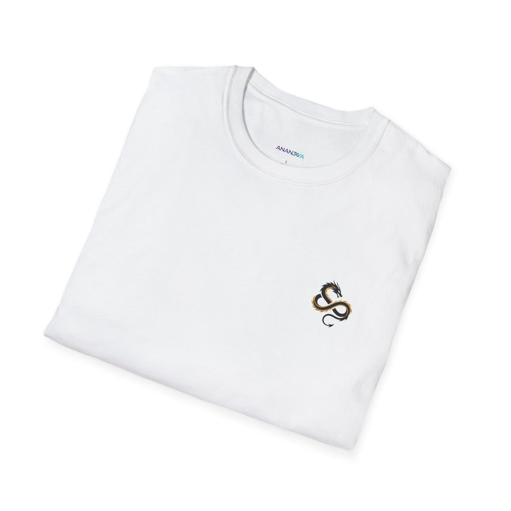 Men's Graphic Tee — Black Ink Asian Dragon Illustration with Chest Emblem