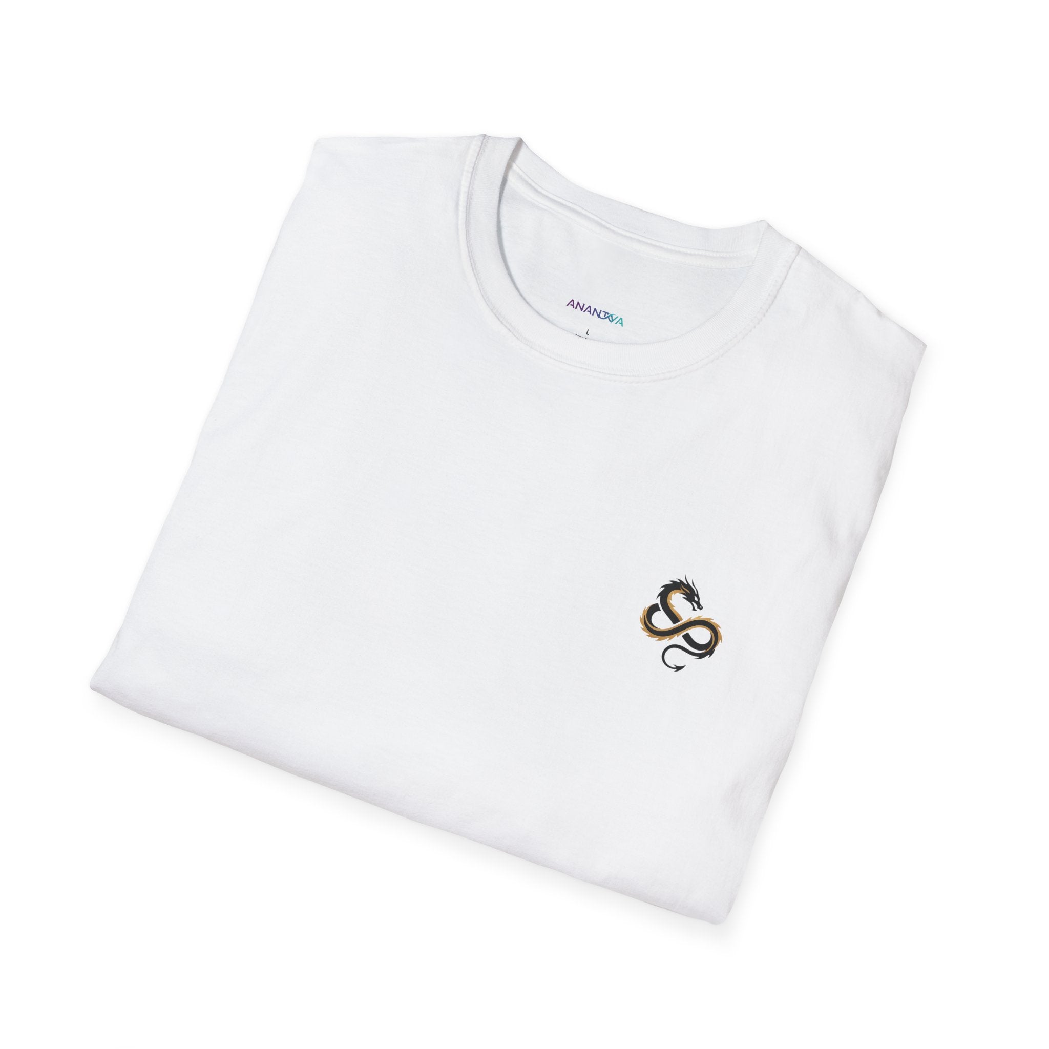 Men's Graphic Tee — Black Ink Asian Dragon Illustration with Chest Emblem