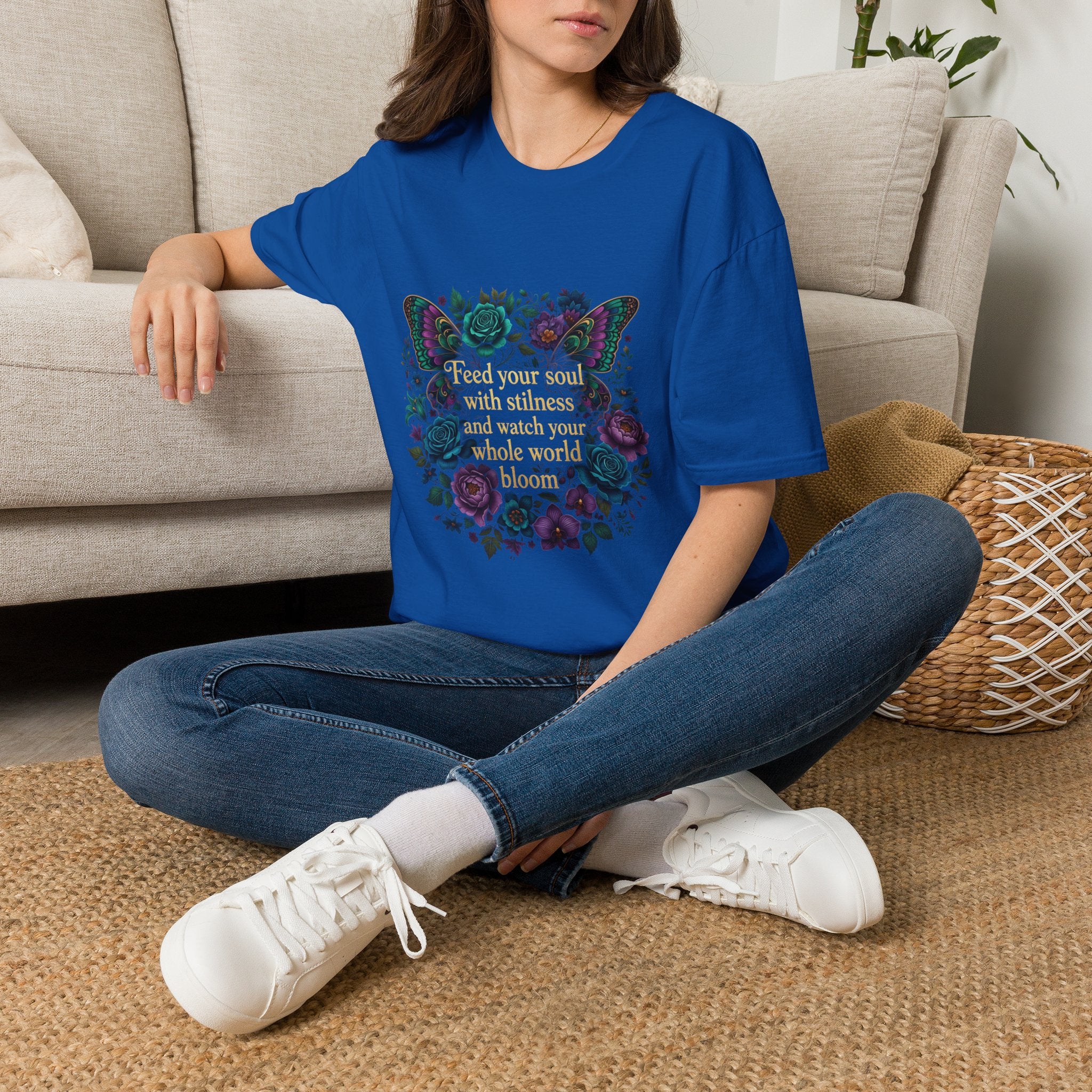 Feed Your Soul with Stillness Women's T-Shirt — Butterfly Floral Graphic Tee