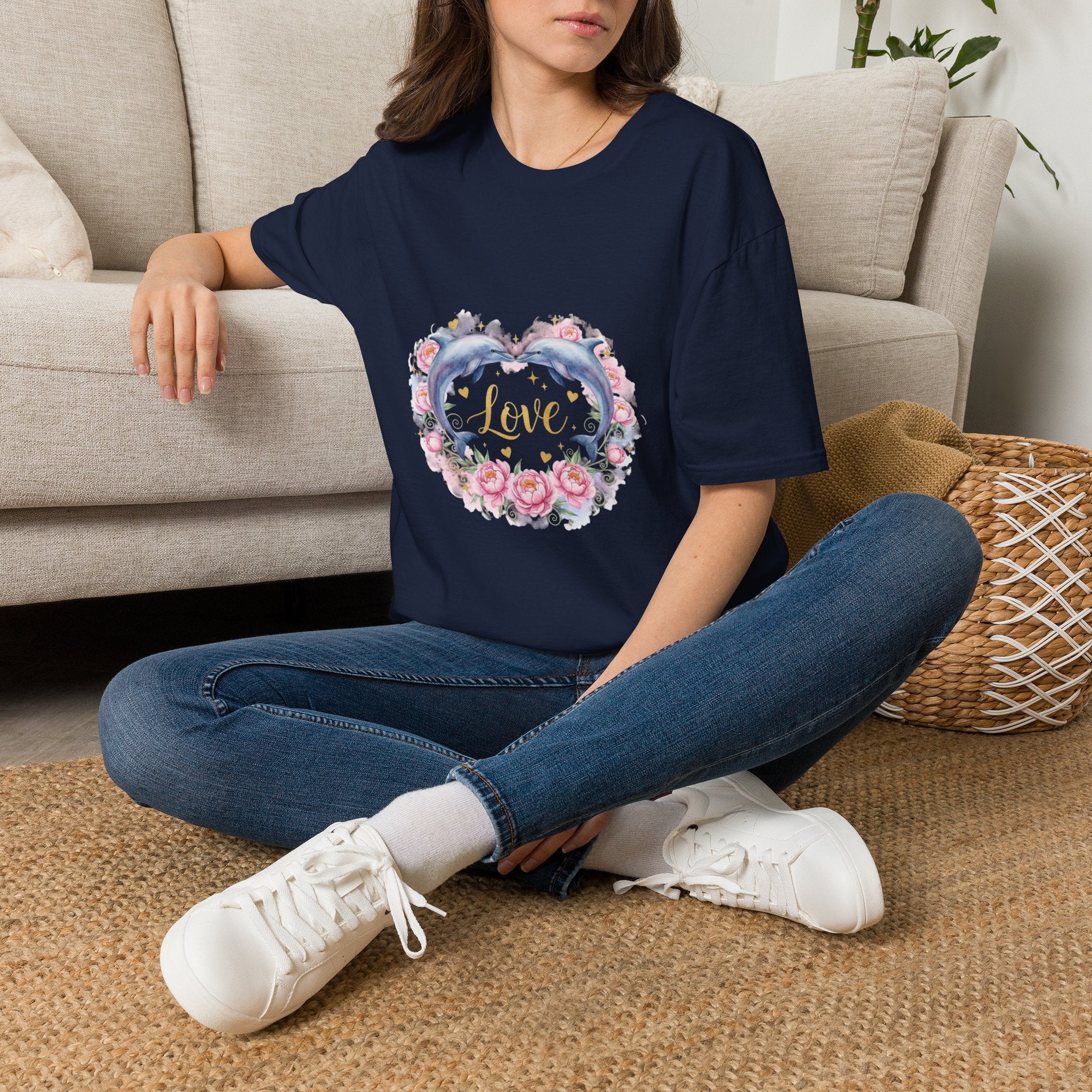 Women's Watercolor Dolphin Heart Love T-Shirt