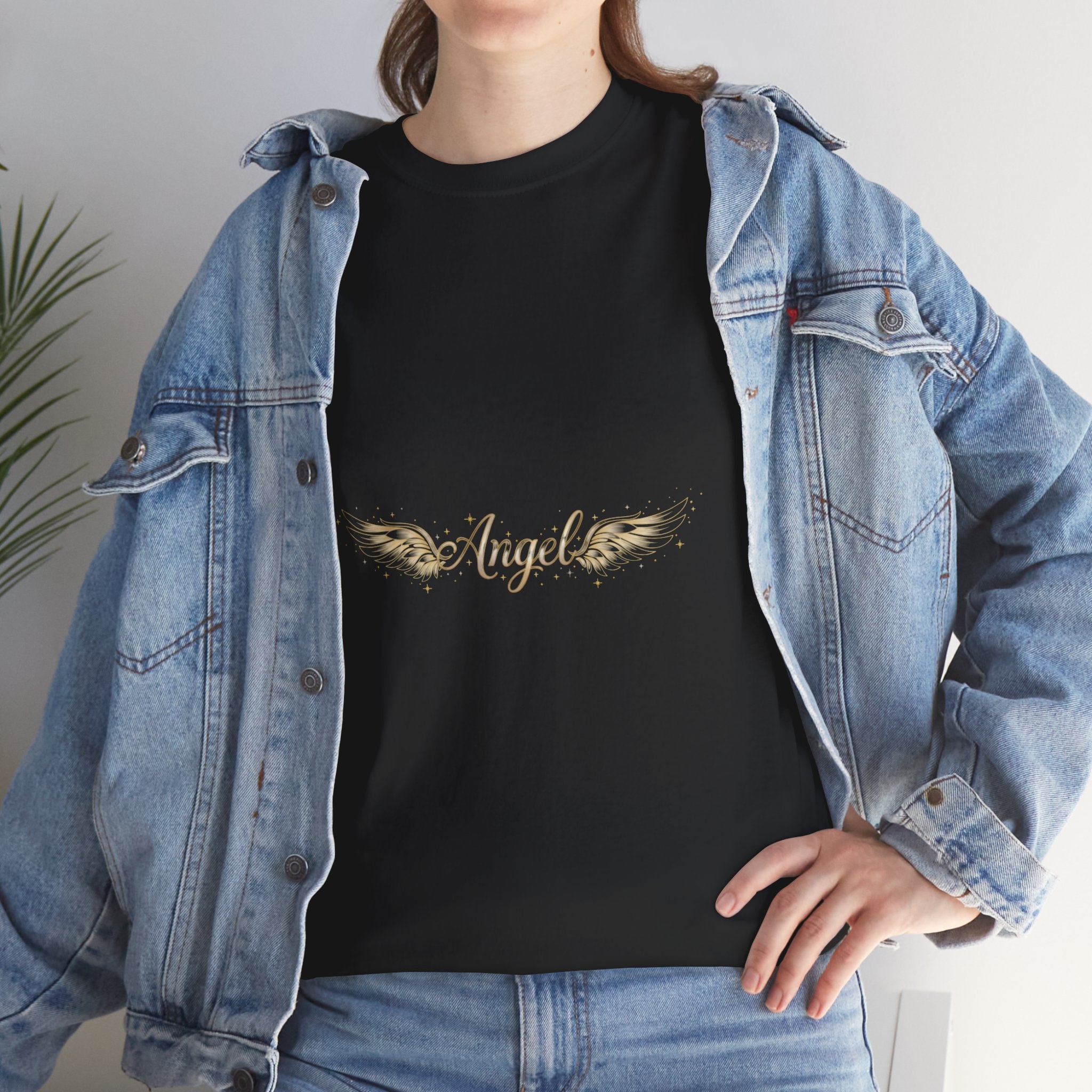 Angel Wings Graphic Tee | Distressed Gold Script "Angel" Chest Print | Women's DTG T-Shirt