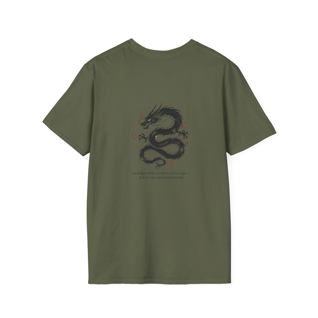Men's Graphic Tee — Black Ink Asian Dragon Illustration with Chest Emblem