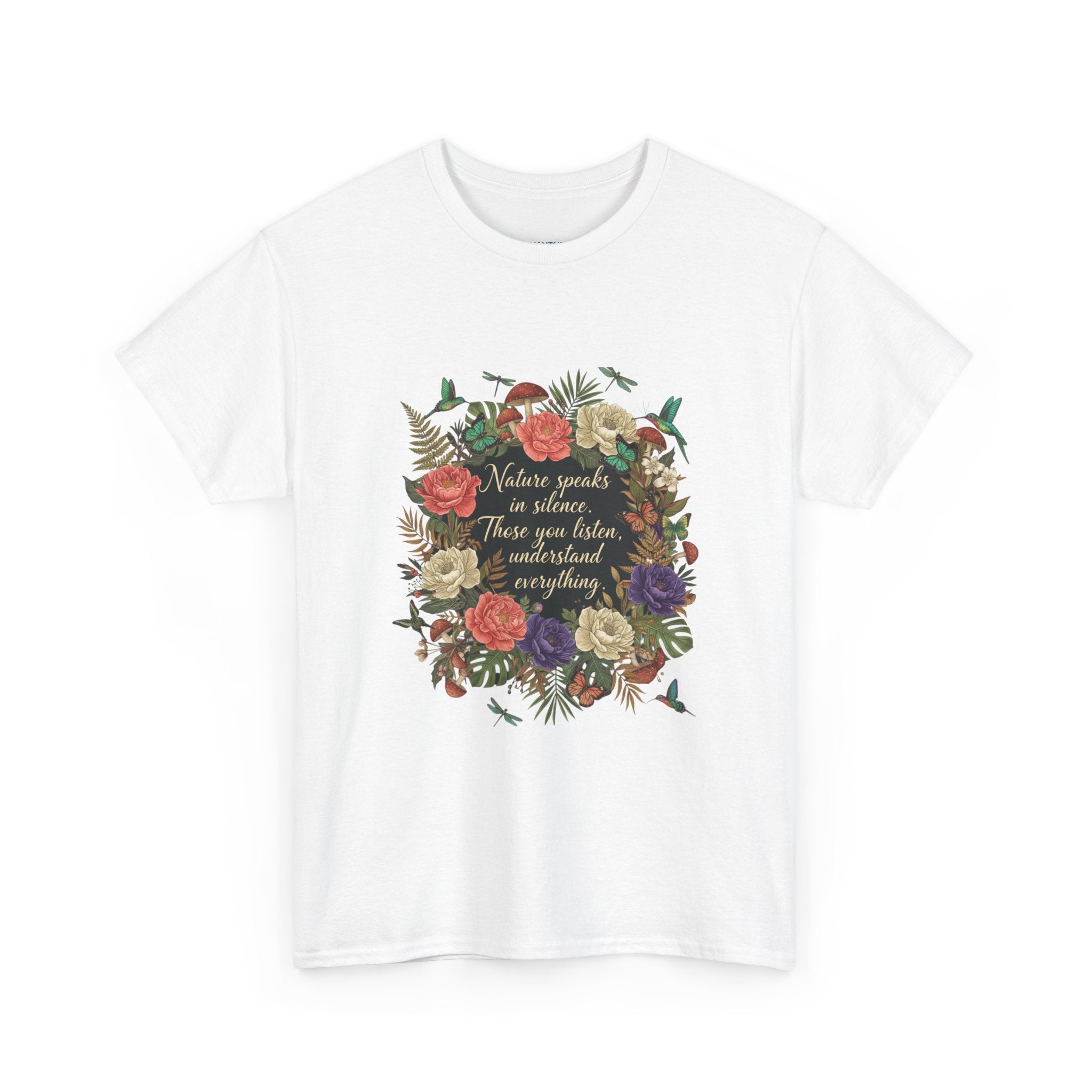 'Nature Speaks in Silence' Floral Wreath Women's T-Shirt | DTG-Printed Vintage Botanical Tee