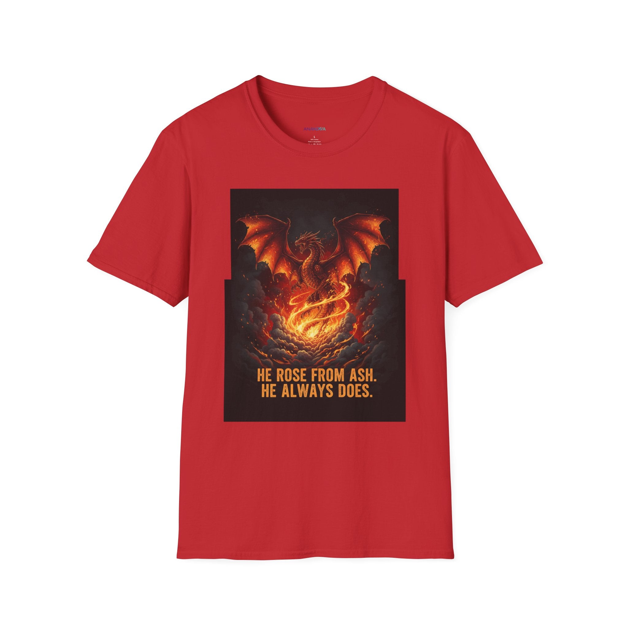 Men's Graphic Tee — Dragon Rising "He Rose From Ash. He Always Does." Fiery Fantasy Print