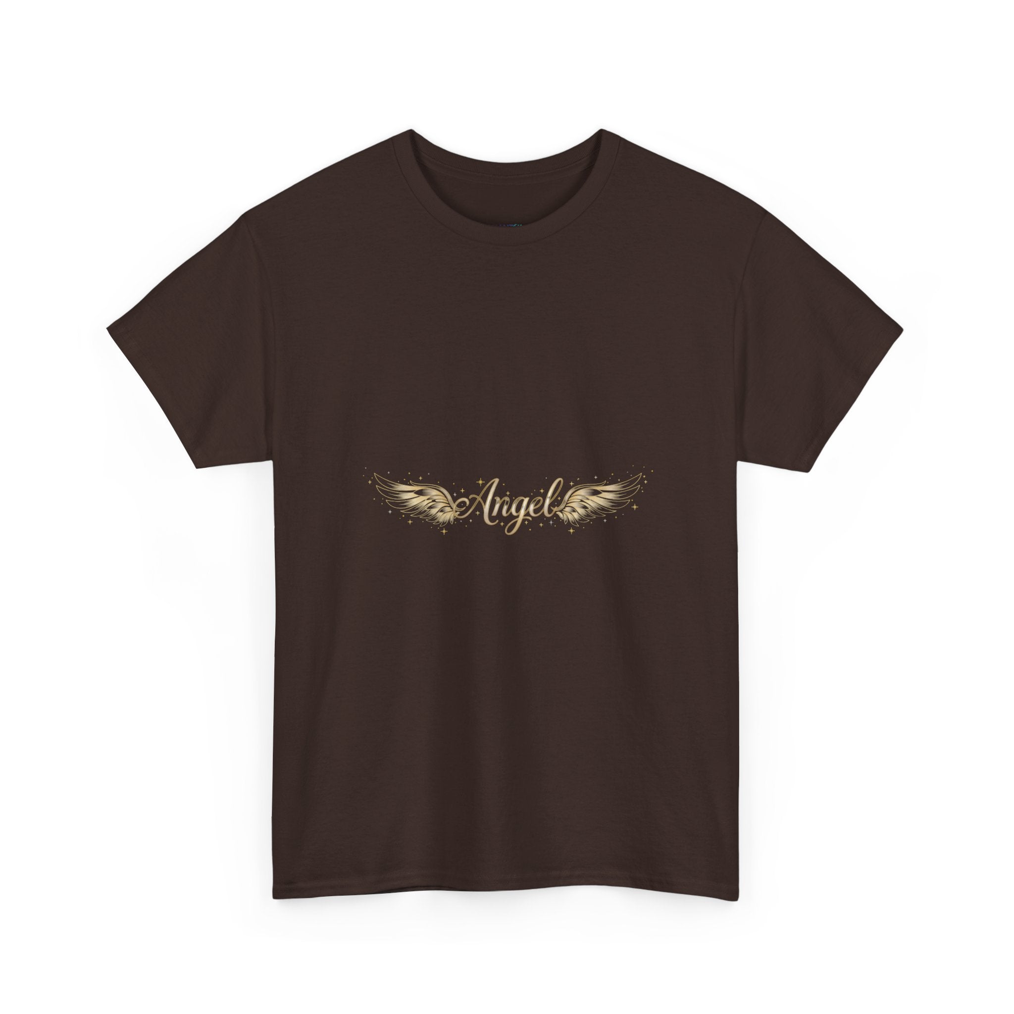 Angel Wings Graphic Tee | Distressed Gold Script "Angel" Chest Print | Women's DTG T-Shirt