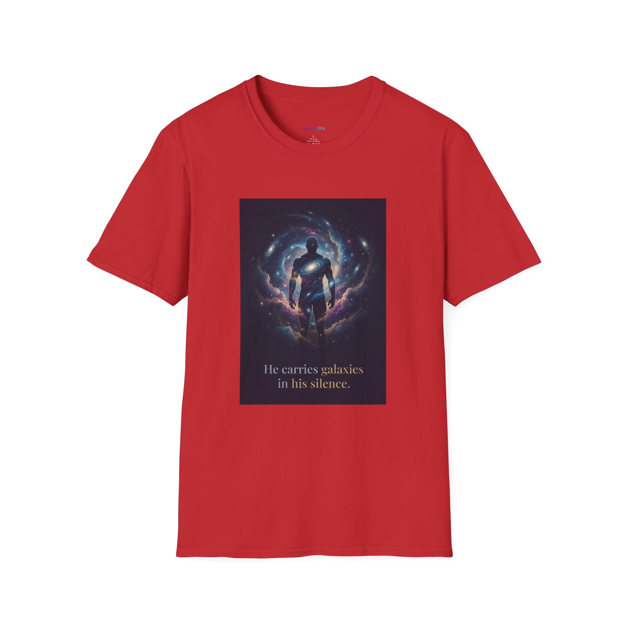 Men's Graphic Tee — Galaxy Silhouette "He Carries Galaxies in His Silence" Cosmic Space Print