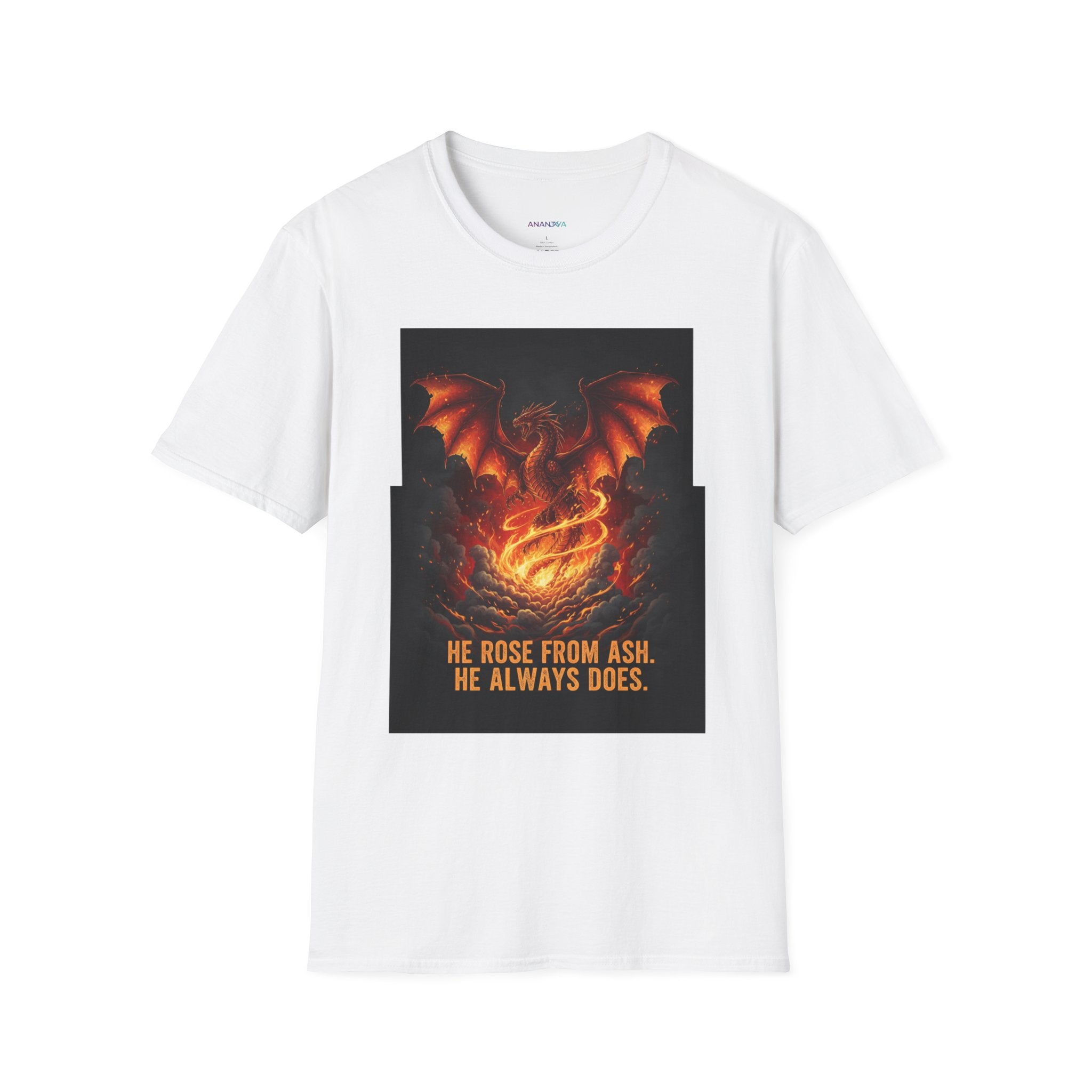 Men's Graphic Tee — Dragon Rising "He Rose From Ash. He Always Does." Fiery Fantasy Print