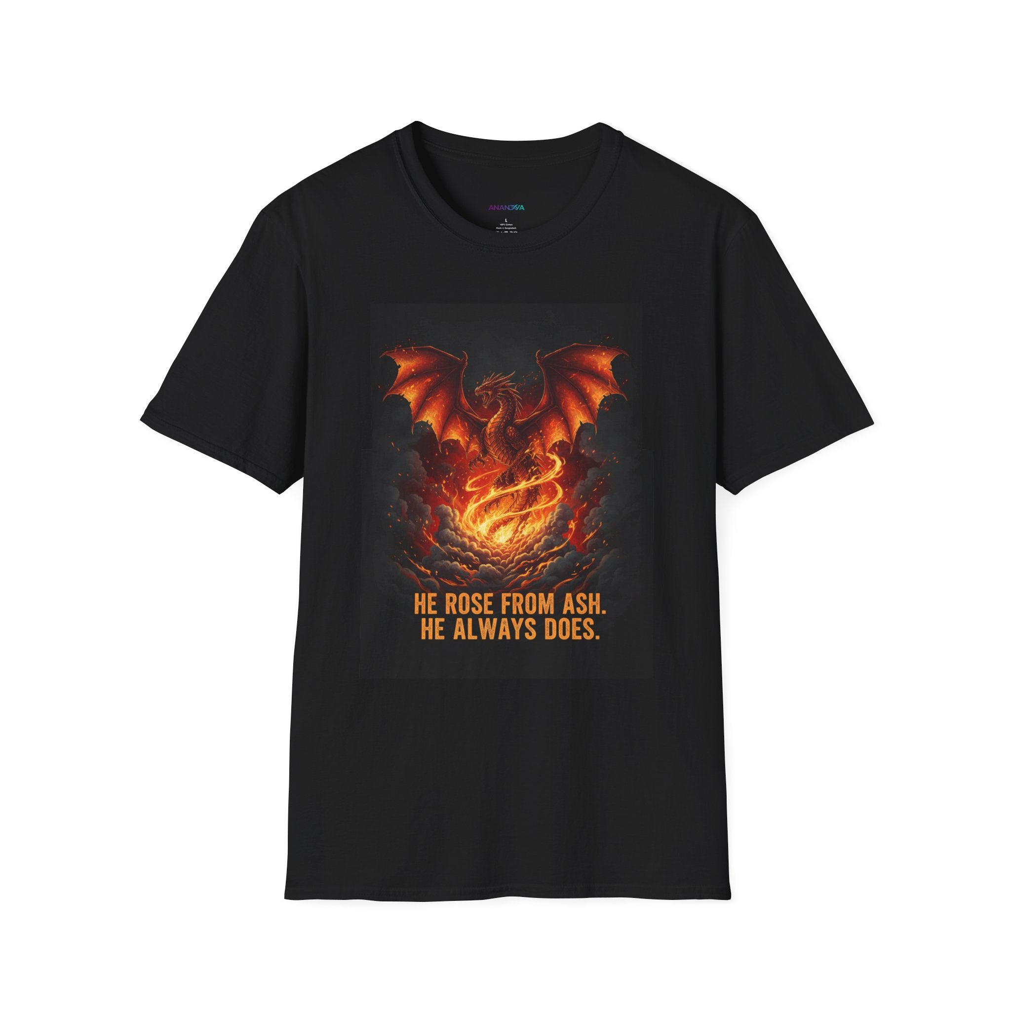 Men's Graphic Tee — Dragon Rising "He Rose From Ash. He Always Does." Fiery Fantasy Print