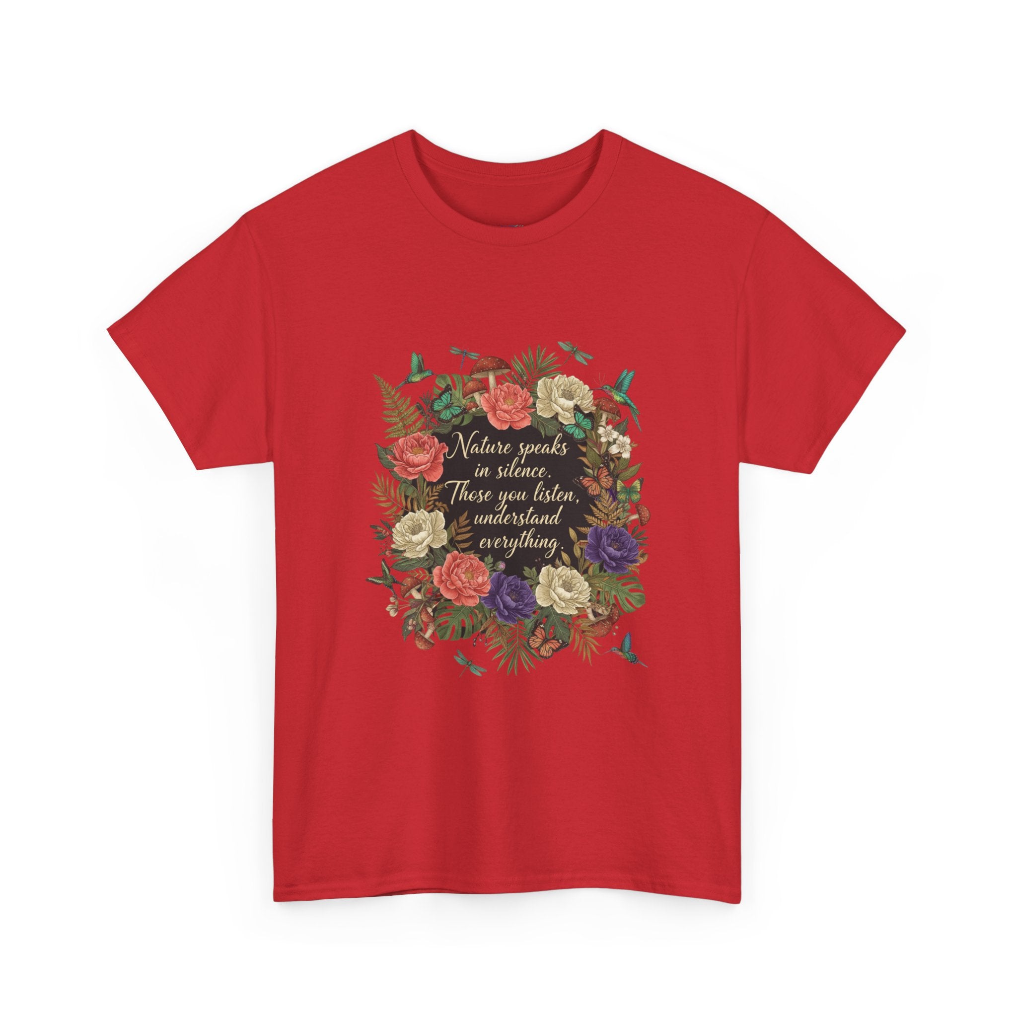 'Nature Speaks in Silence' Floral Wreath Women's T-Shirt | DTG-Printed Vintage Botanical Tee