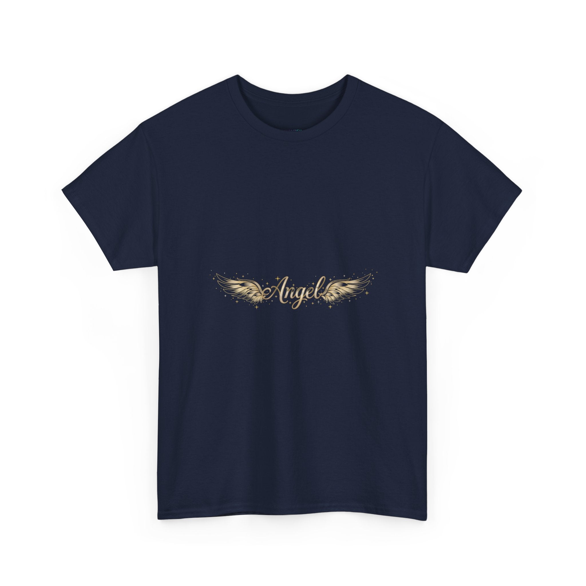Angel Wings Graphic Tee | Distressed Gold Script "Angel" Chest Print | Women's DTG T-Shirt