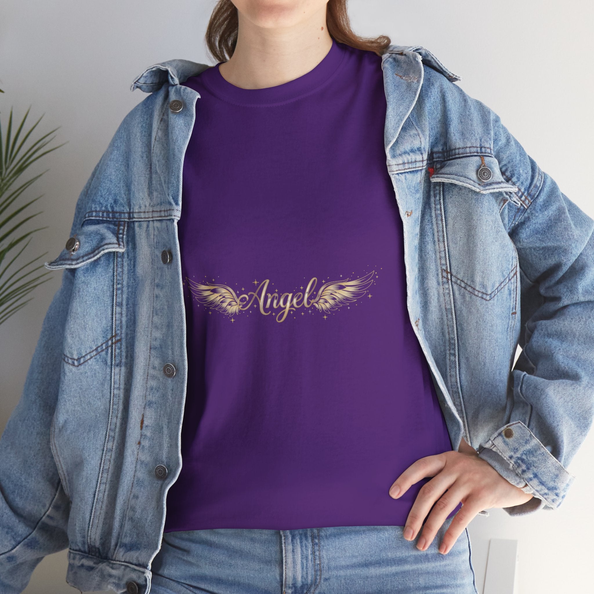 Angel Wings Graphic Tee | Distressed Gold Script "Angel" Chest Print | Women's DTG T-Shirt