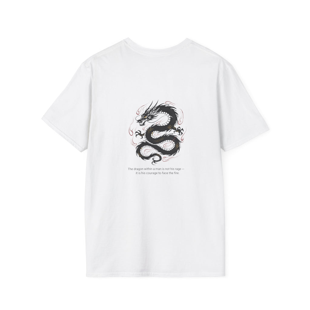 Men's Graphic Tee — Black Ink Asian Dragon Illustration with Chest Emblem