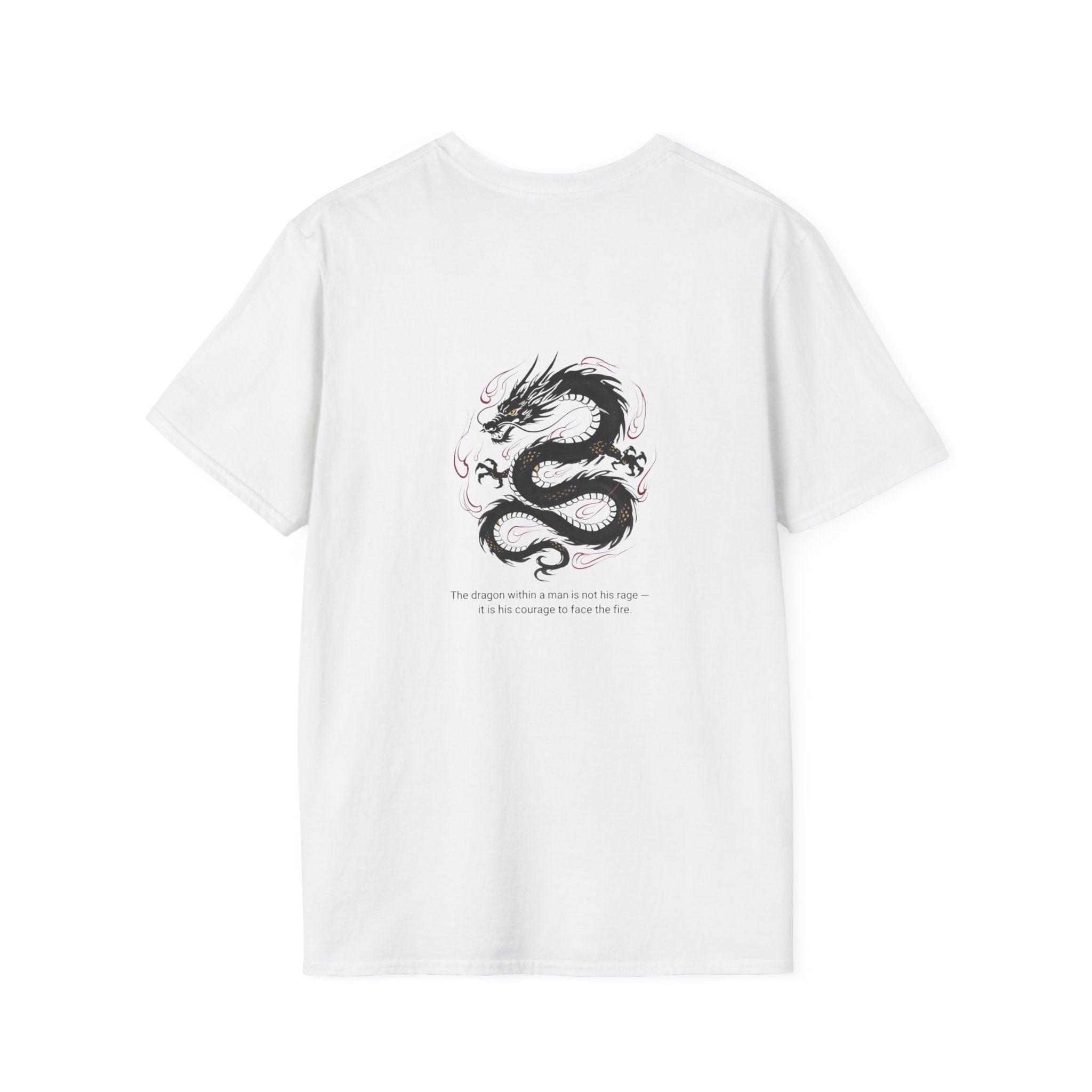 Men's Graphic Tee — Black Ink Asian Dragon Illustration with Chest Emblem