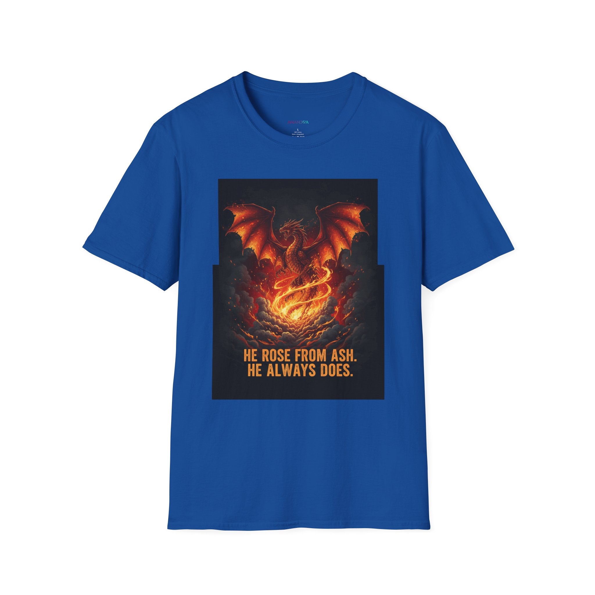 Men's Graphic Tee — Dragon Rising "He Rose From Ash. He Always Does." Fiery Fantasy Print