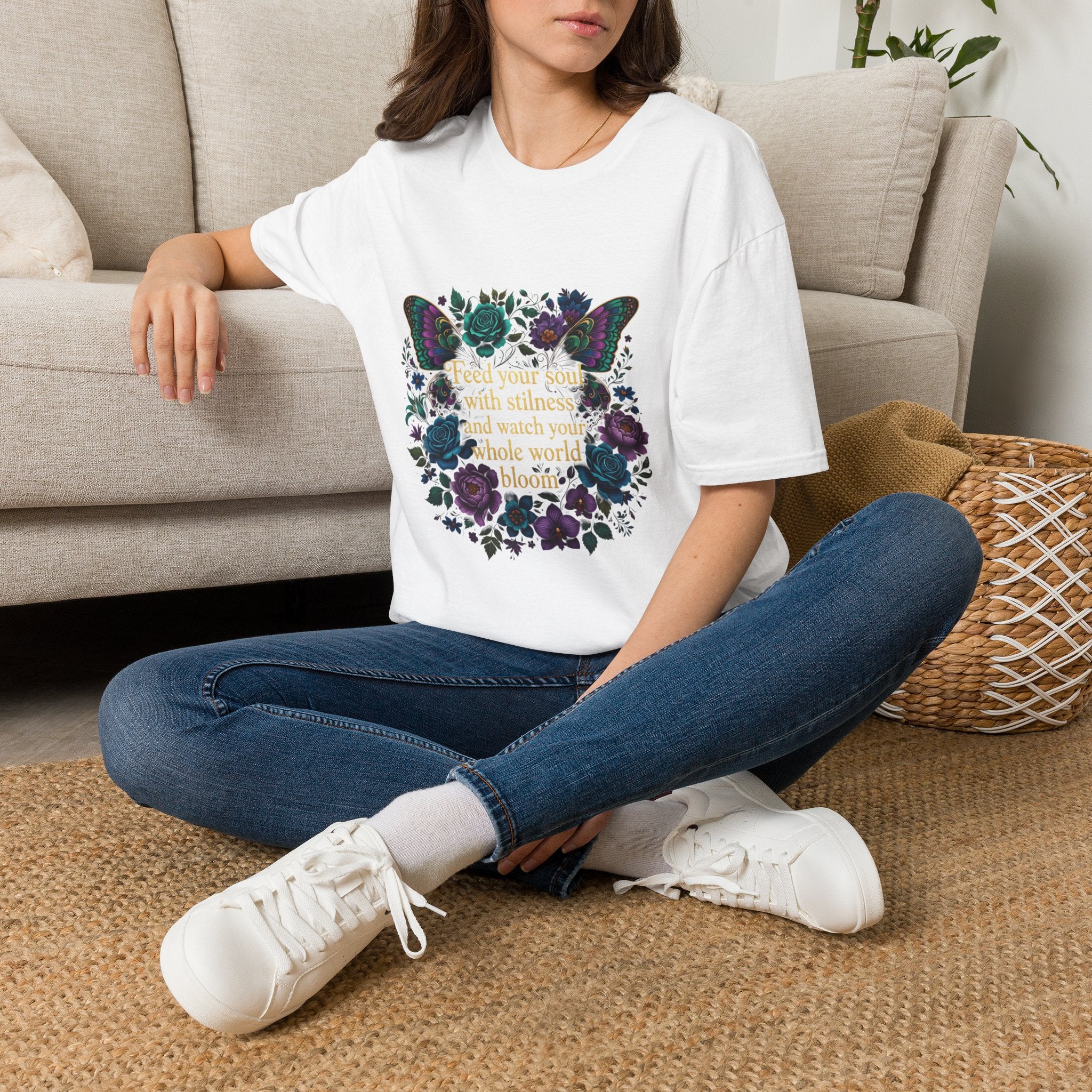 Feed Your Soul with Stillness Women's T-Shirt — Butterfly Floral Graphic Tee