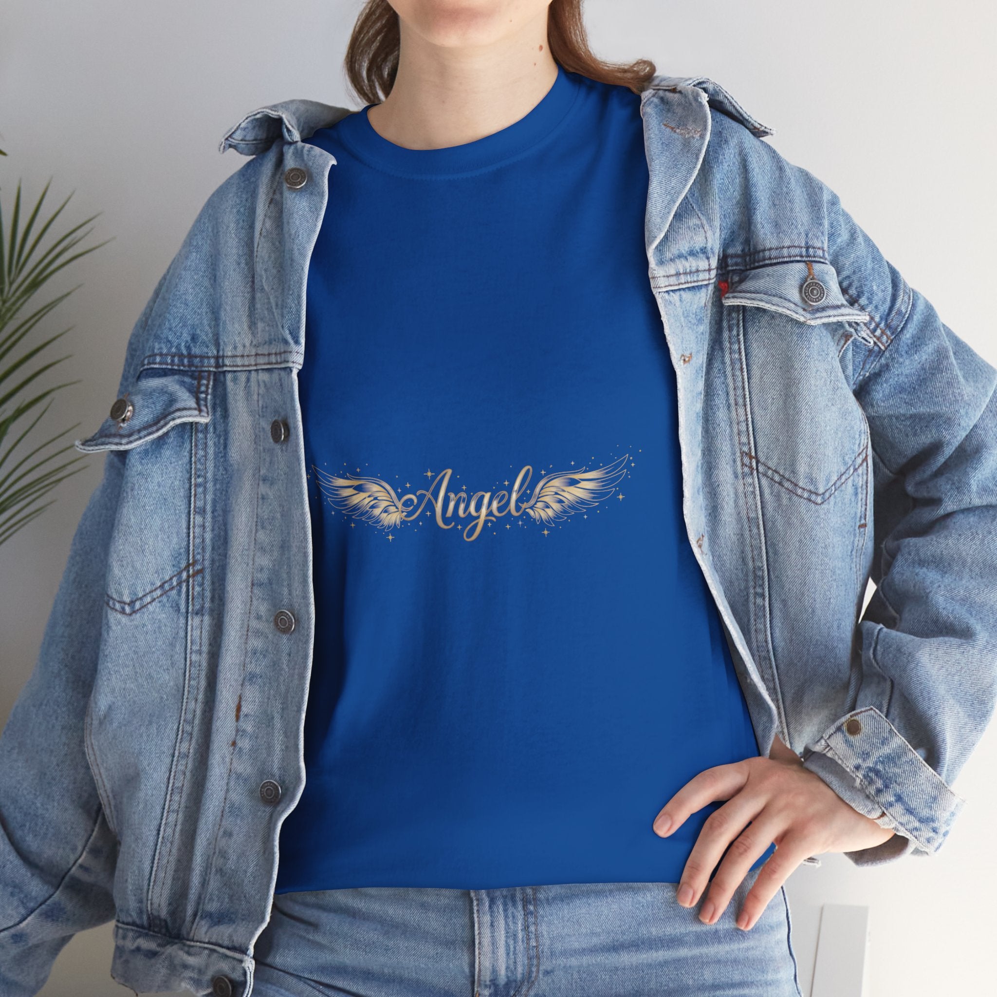 Angel Wings Graphic Tee | Distressed Gold Script "Angel" Chest Print | Women's DTG T-Shirt