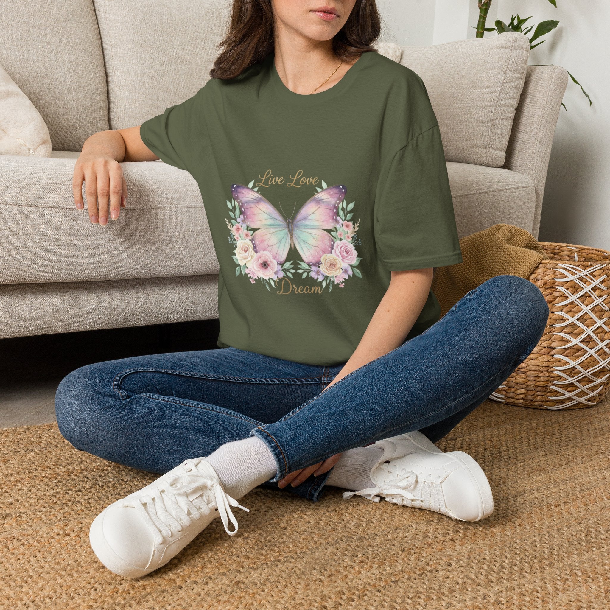 Butterfly Floral Women's T-Shirt — "Live, Love, Dream" Graphic Tee | DTG Print