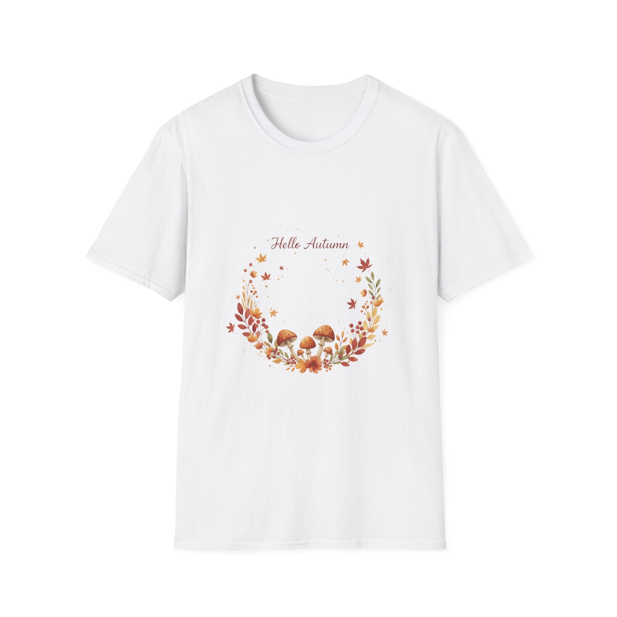 'Hello Autumn' Mushroom & Leaf Wreath T-Shirt — Cozy Fall Graphic Tee