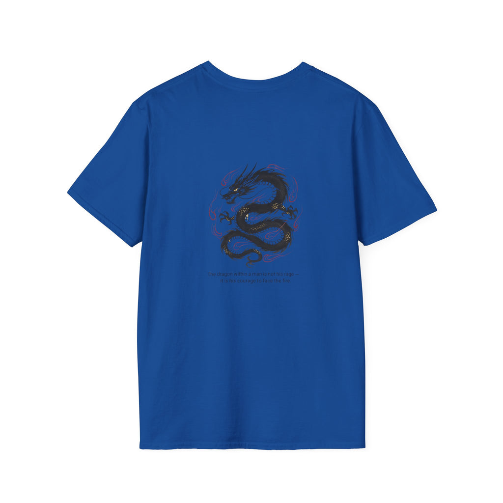 Men's Graphic Tee — Black Ink Asian Dragon Illustration with Chest Emblem