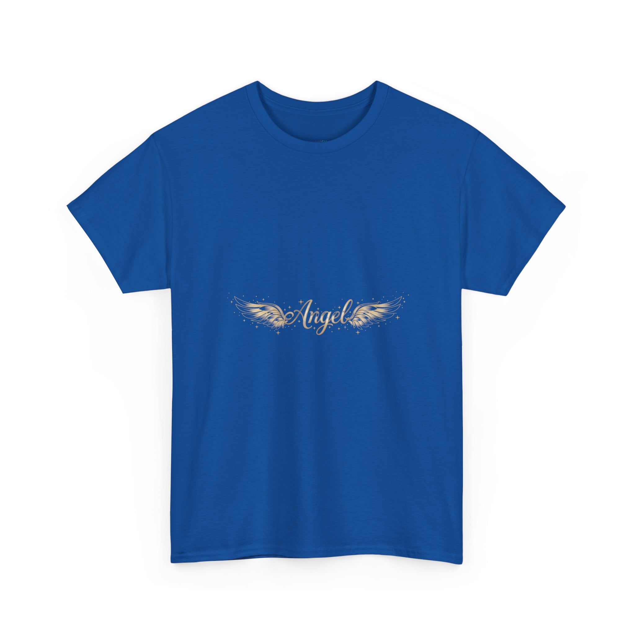 Angel Wings Graphic Tee | Distressed Gold Script "Angel" Chest Print | Women's DTG T-Shirt