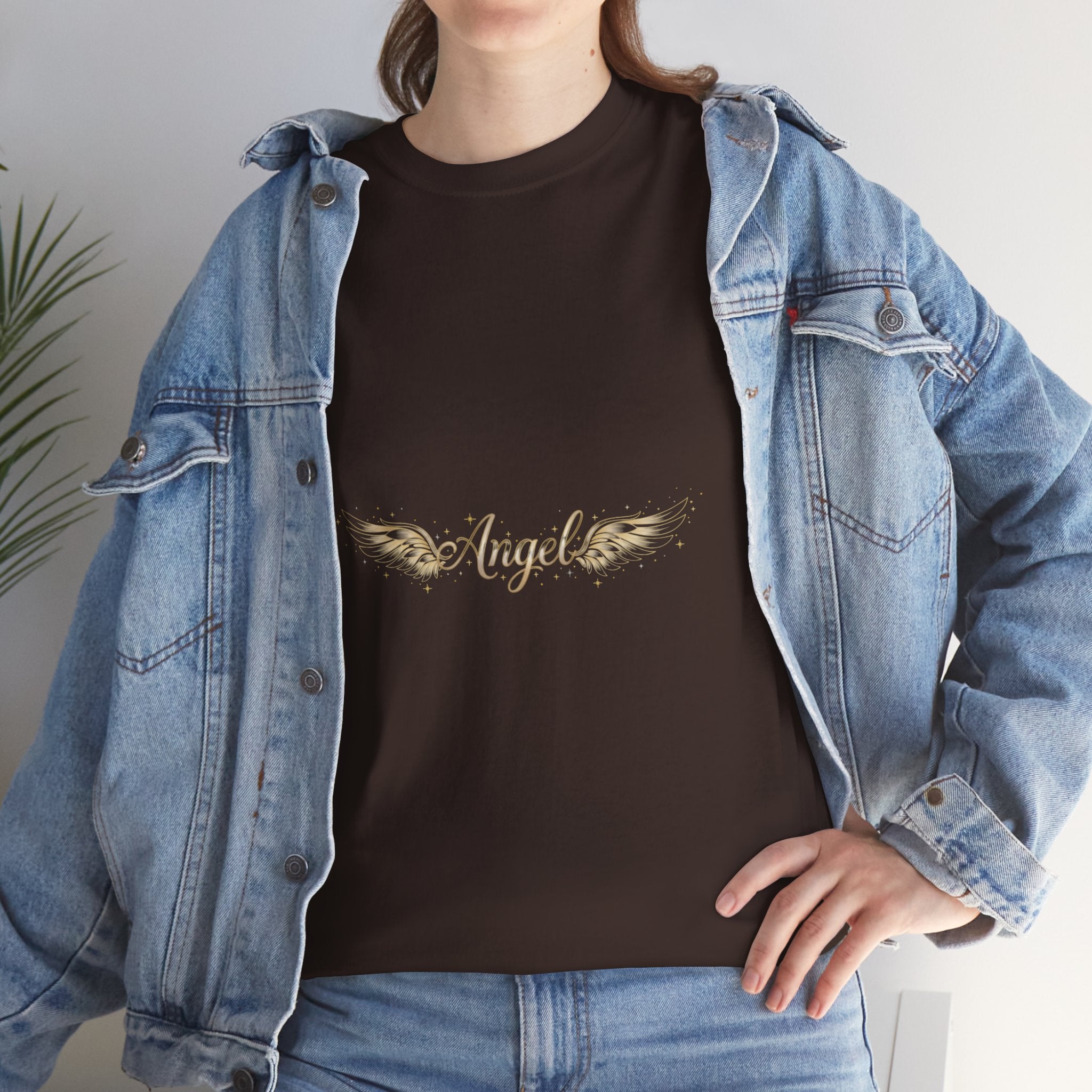 Angel Wings Graphic Tee | Distressed Gold Script "Angel" Chest Print | Women's DTG T-Shirt