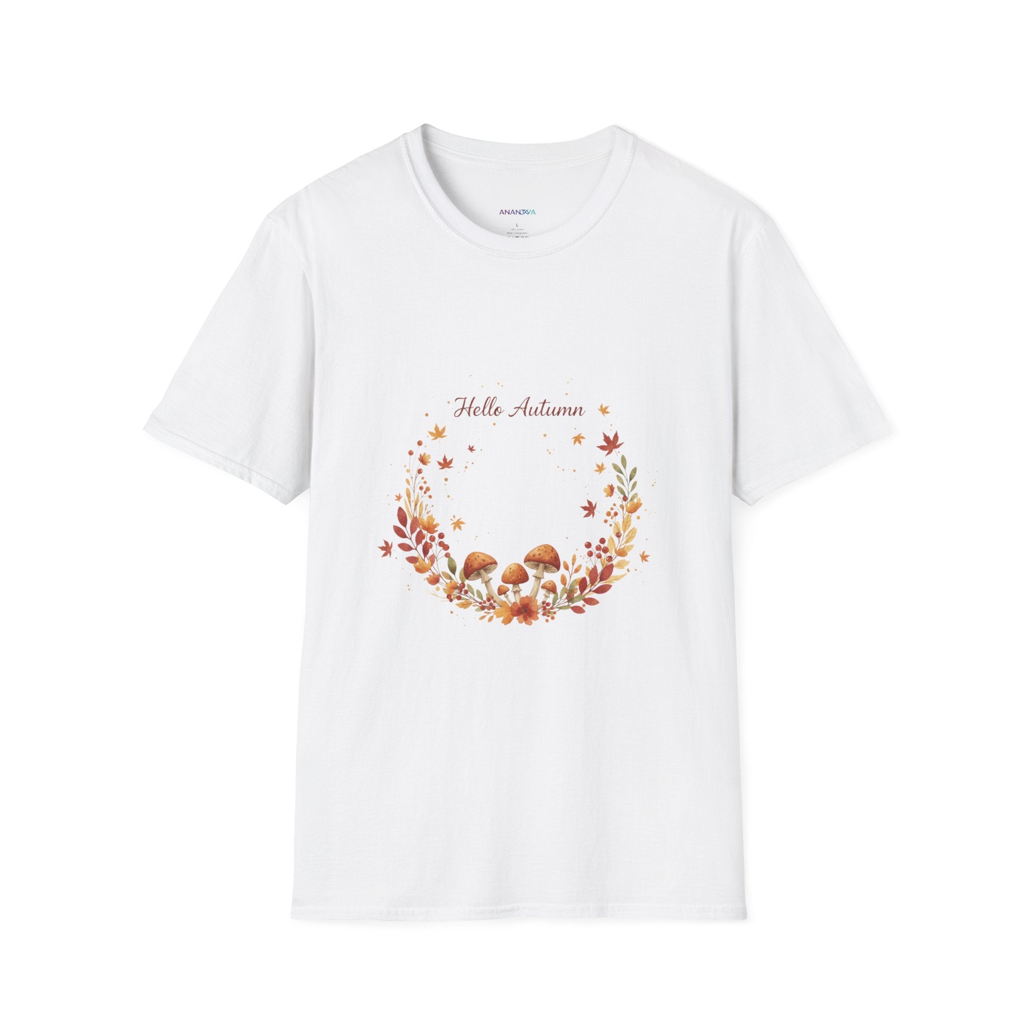 'Hello Autumn' Mushroom & Leaf Wreath T-Shirt — Cozy Fall Graphic Tee