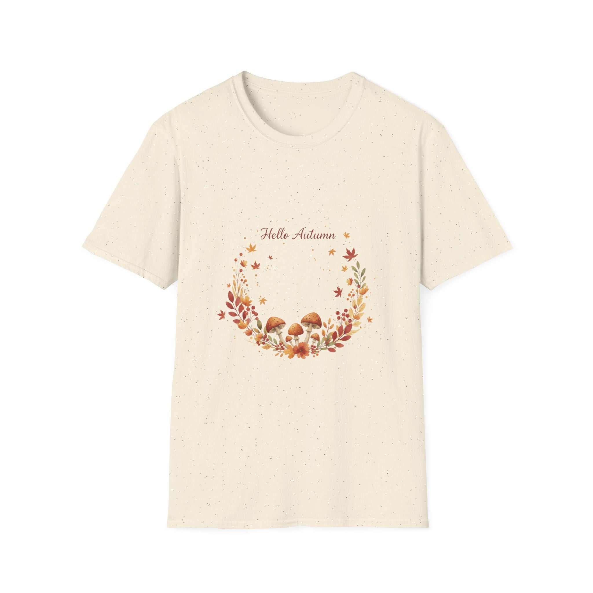 'Hello Autumn' Mushroom & Leaf Wreath T-Shirt — Cozy Fall Graphic Tee