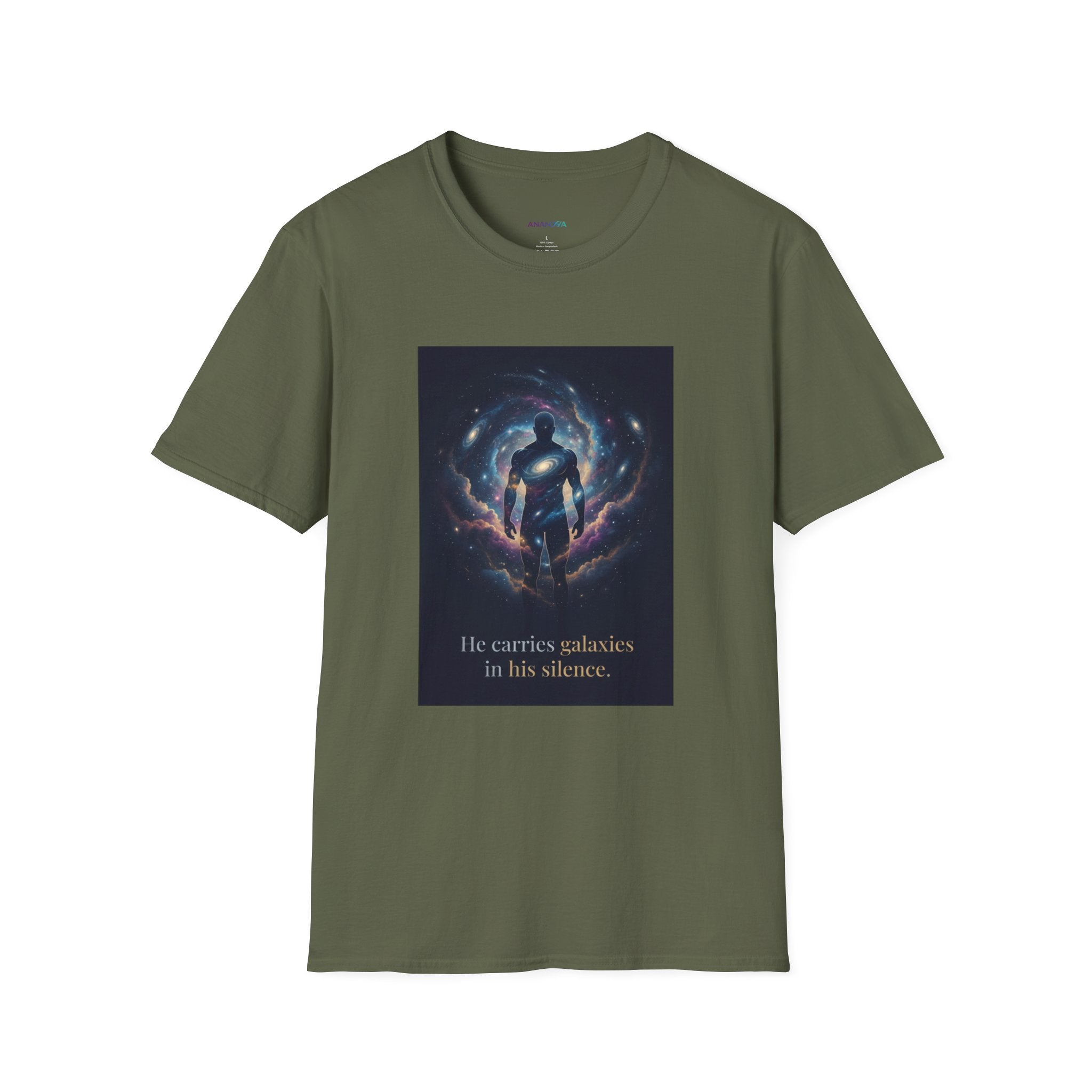 Men's Graphic Tee — Galaxy Silhouette "He Carries Galaxies in His Silence" Cosmic Space Print