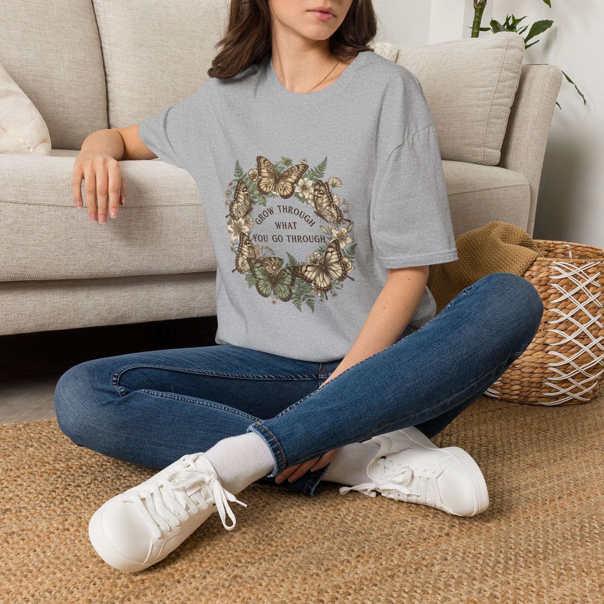 Grow Through What You Go Through Women's T-Shirt — Floral Butterfly Graphic Tee