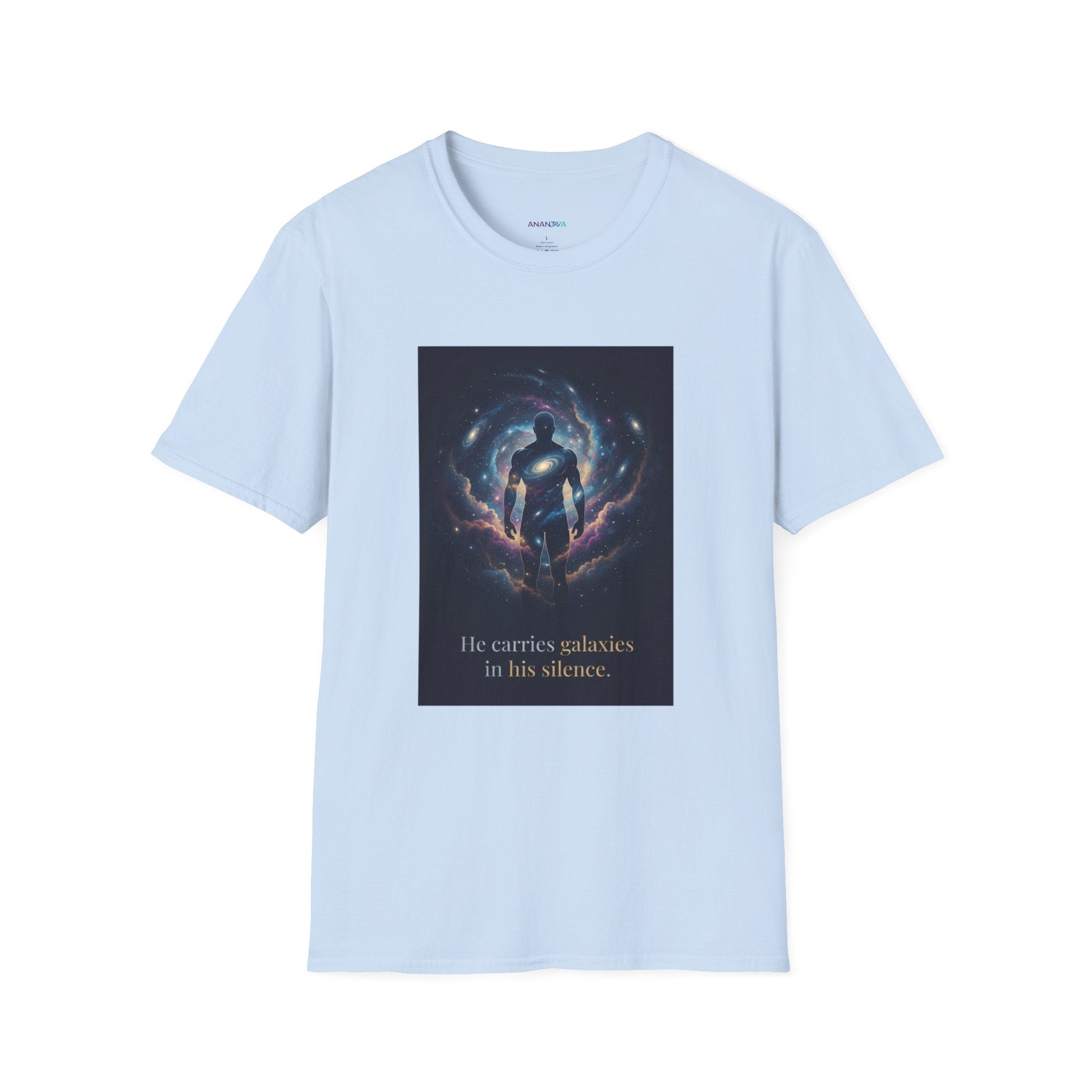 Men's Graphic Tee — Galaxy Silhouette "He Carries Galaxies in His Silence" Cosmic Space Print