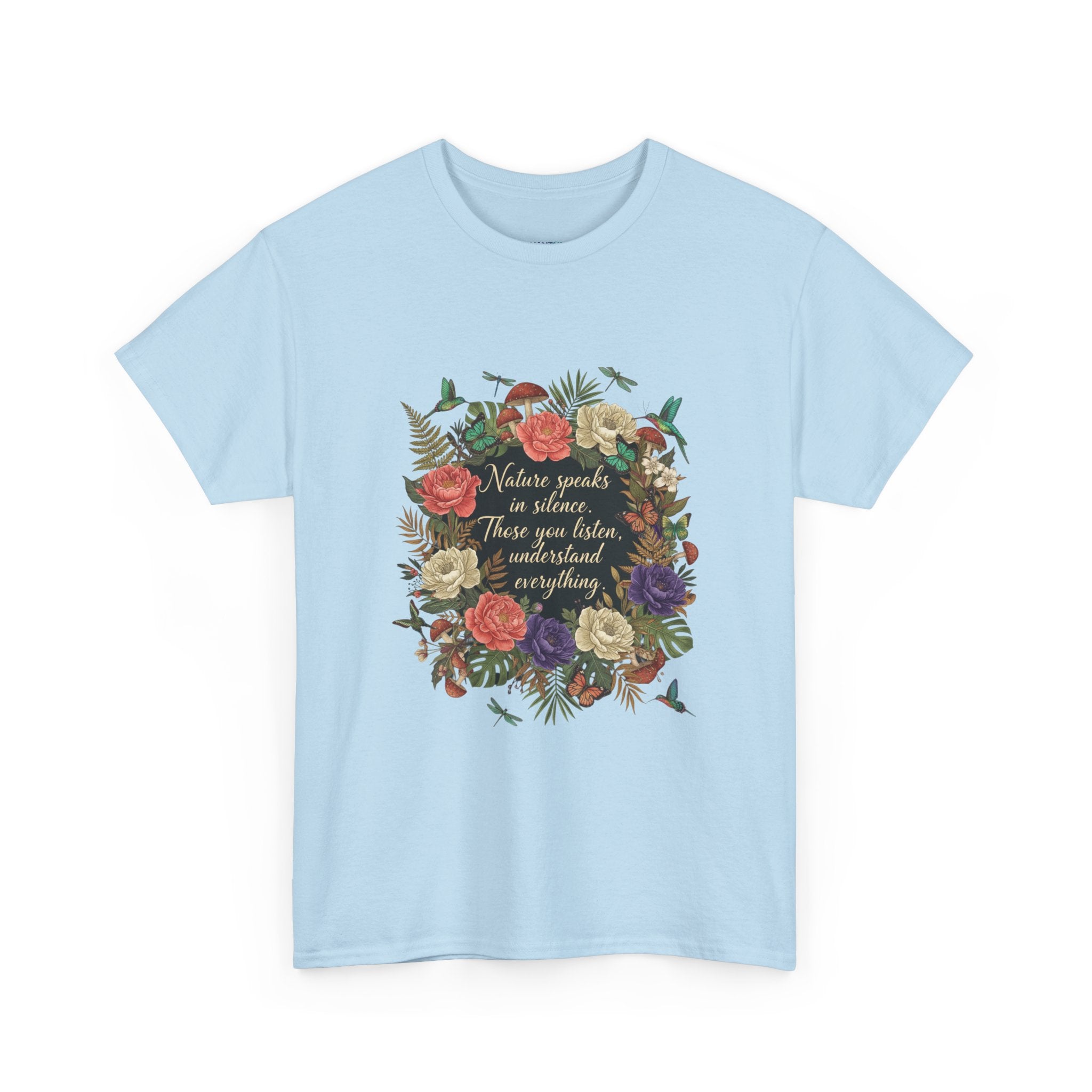 'Nature Speaks in Silence' Floral Wreath Women's T-Shirt | DTG-Printed Vintage Botanical Tee