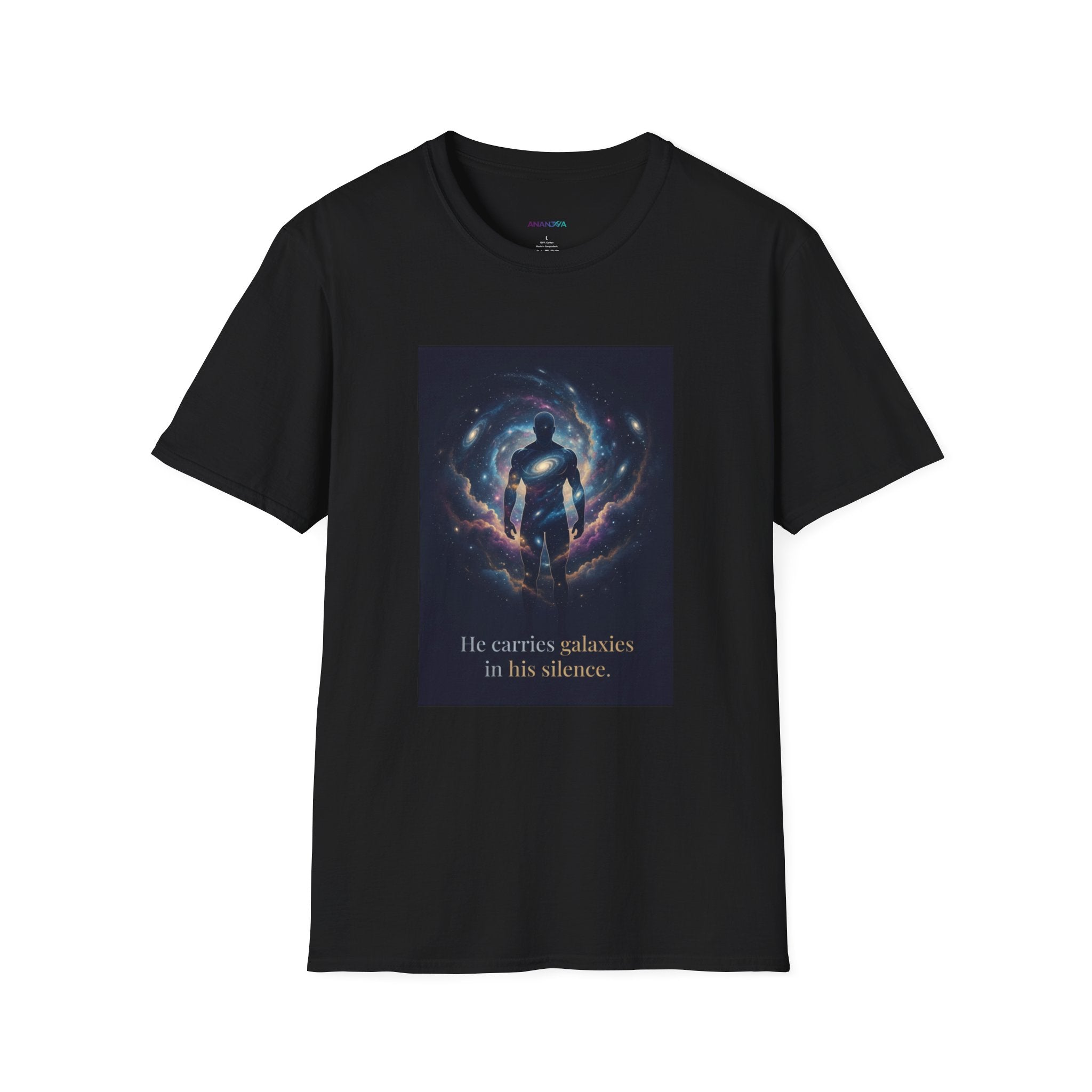 Men's Graphic Tee — Galaxy Silhouette "He Carries Galaxies in His Silence" Cosmic Space Print